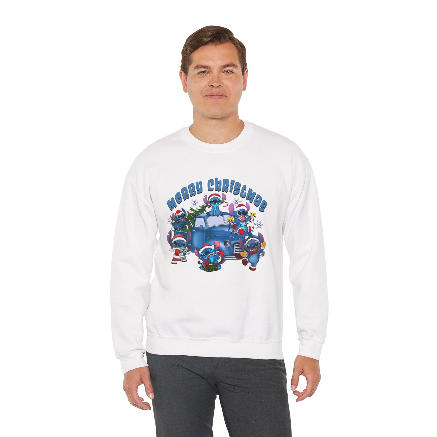 Merry Christmas Unisex Heavy Blend Crewneck Sweatshirt – Blue Christmas Truck & Cute Holiday Characters Sweater