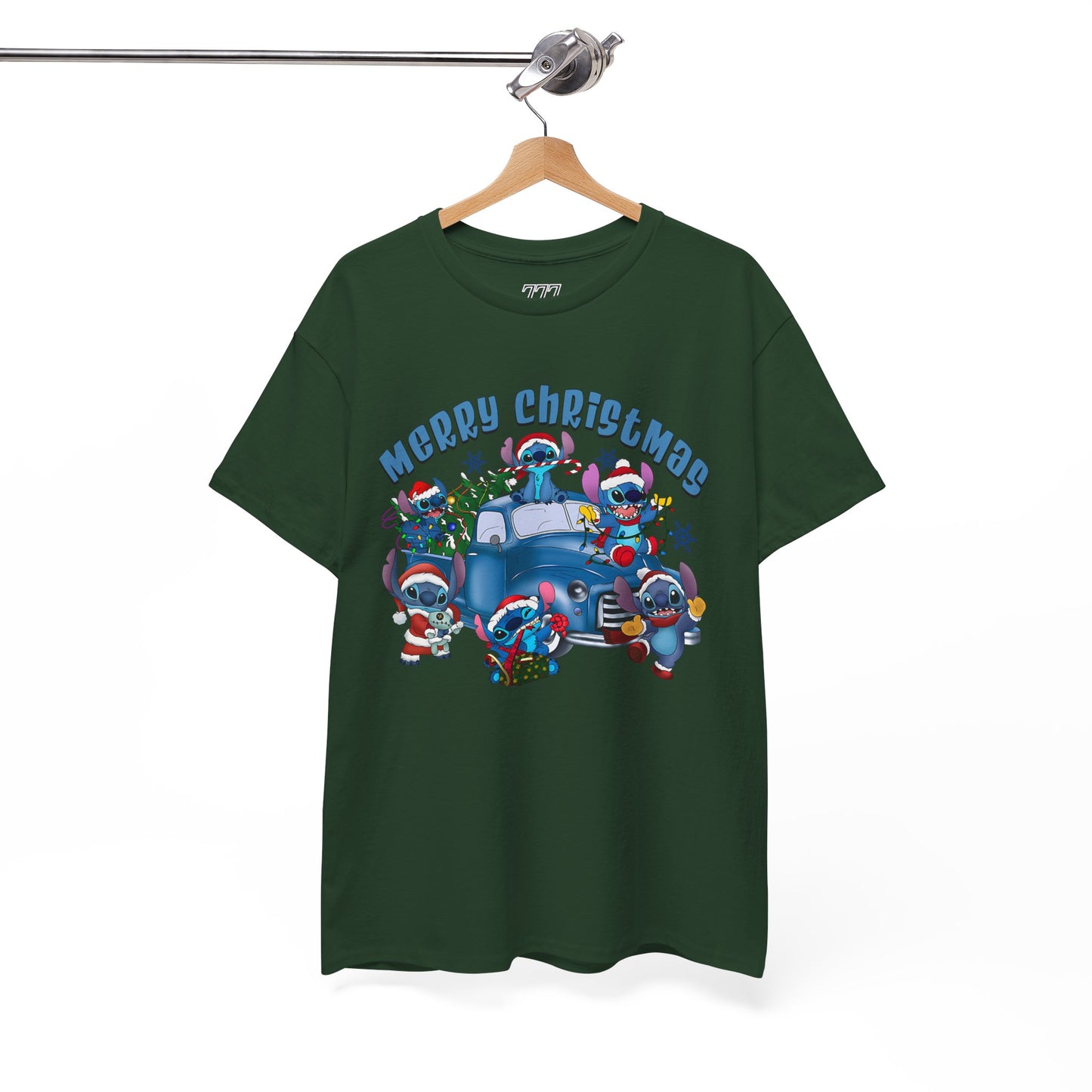 Merry Christmas Unisex Heavy Cotton T-Shirt – Blue Christmas Truck & Cute Holiday Characters Tee
