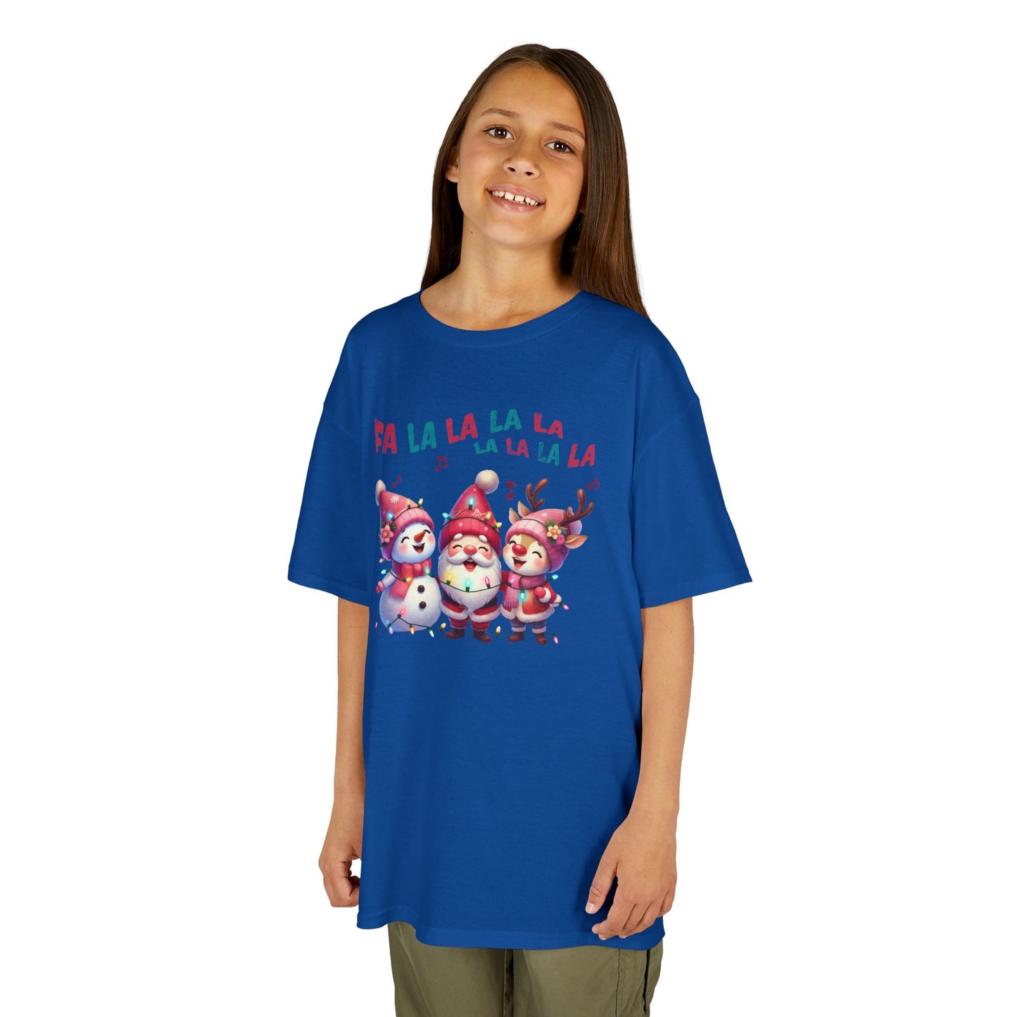 Festive Caroling Trio Kids Christmas T-Shirt – Cute Santa, Snowman & Reindeer Holiday Tee