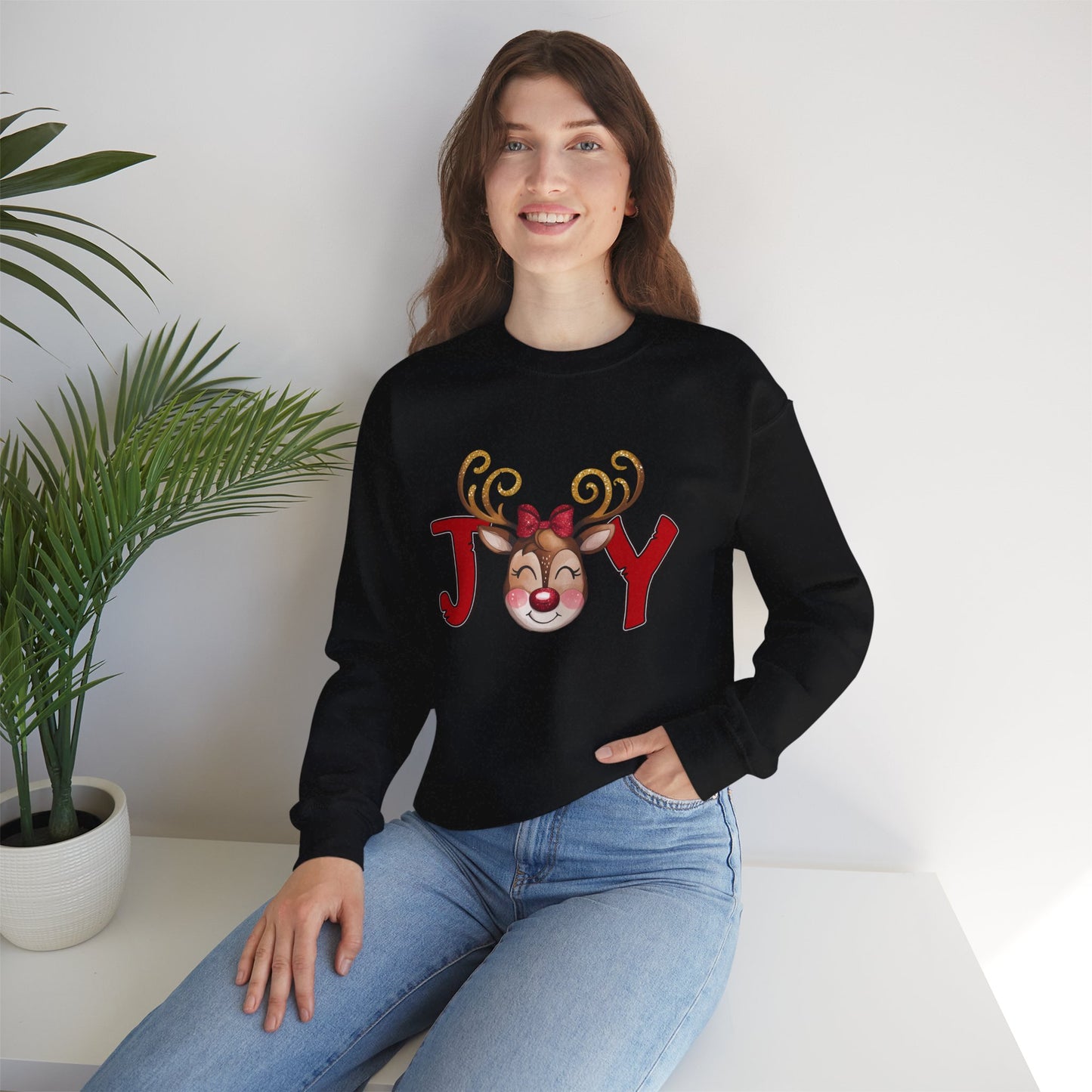 Reindeer Joy Women’s Christmas Crewneck Sweatshirt – Cute Holiday Reindeer Heavy Blend Sweater