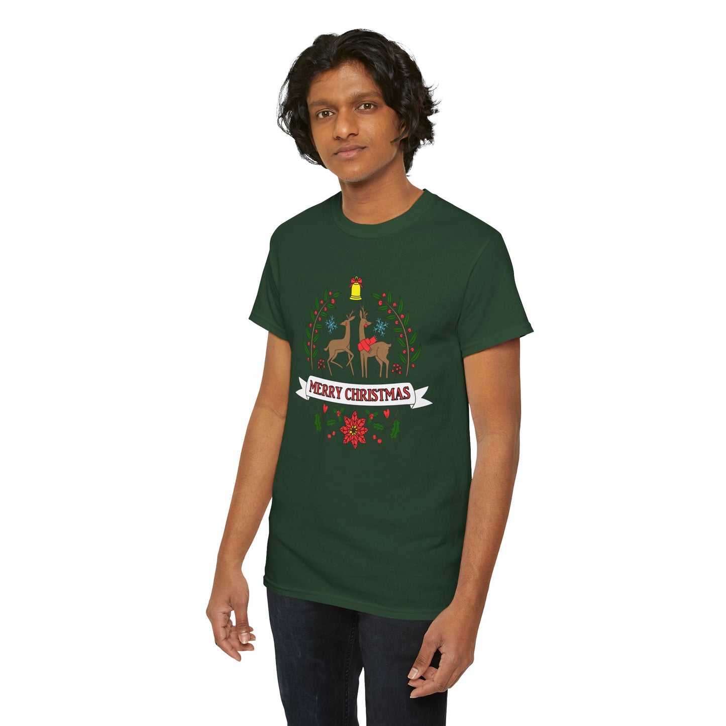 Merry Christmas Reindeer T-Shirt – Classic Holiday Laurel & Poinsettia Tee (Unisex)