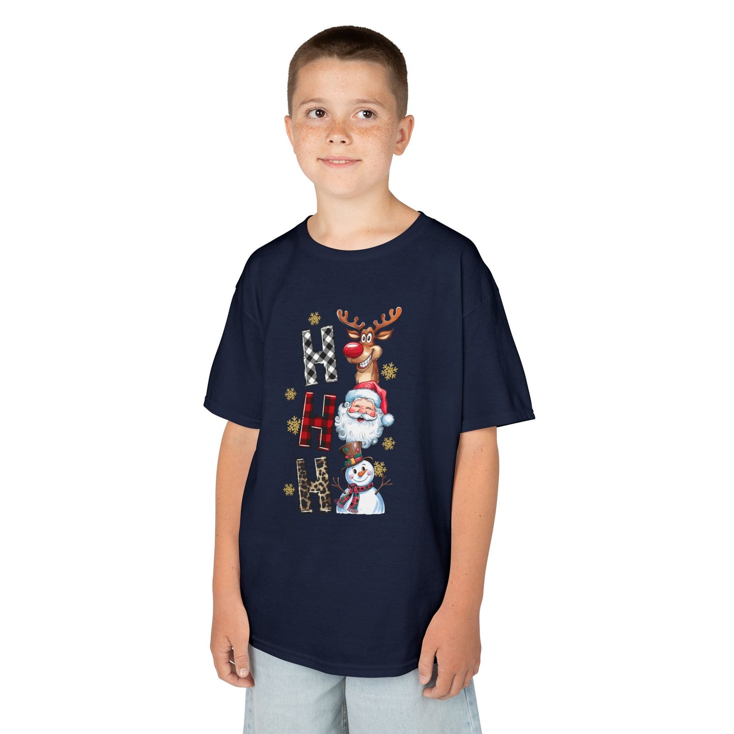 HO HO HO Kids Christmas T-Shirt – Santa, Reindeer & Snowman Holiday Tee