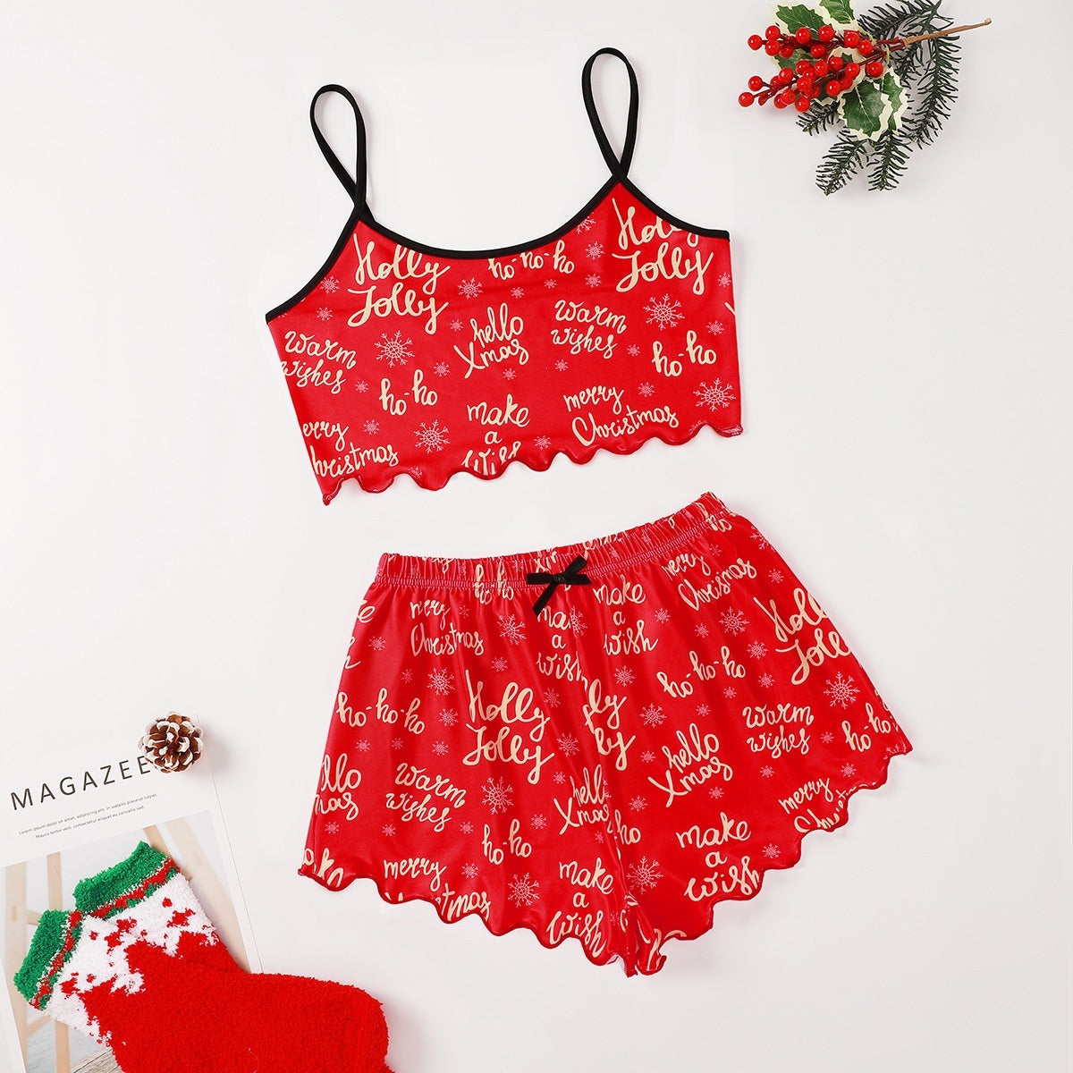 Women’s Christmas Two-Piece Pajama Set – Sleeveless Holiday Cami & Shorts Sleepwear