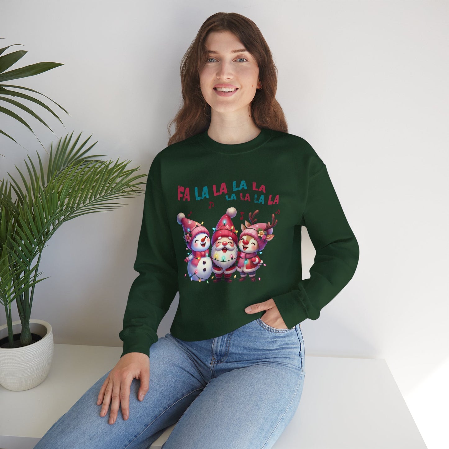 Festive Caroling Trio Christmas Crewneck – Cute Santa, Snowman & Reindeer Holiday Sweatshirt (Unisex)