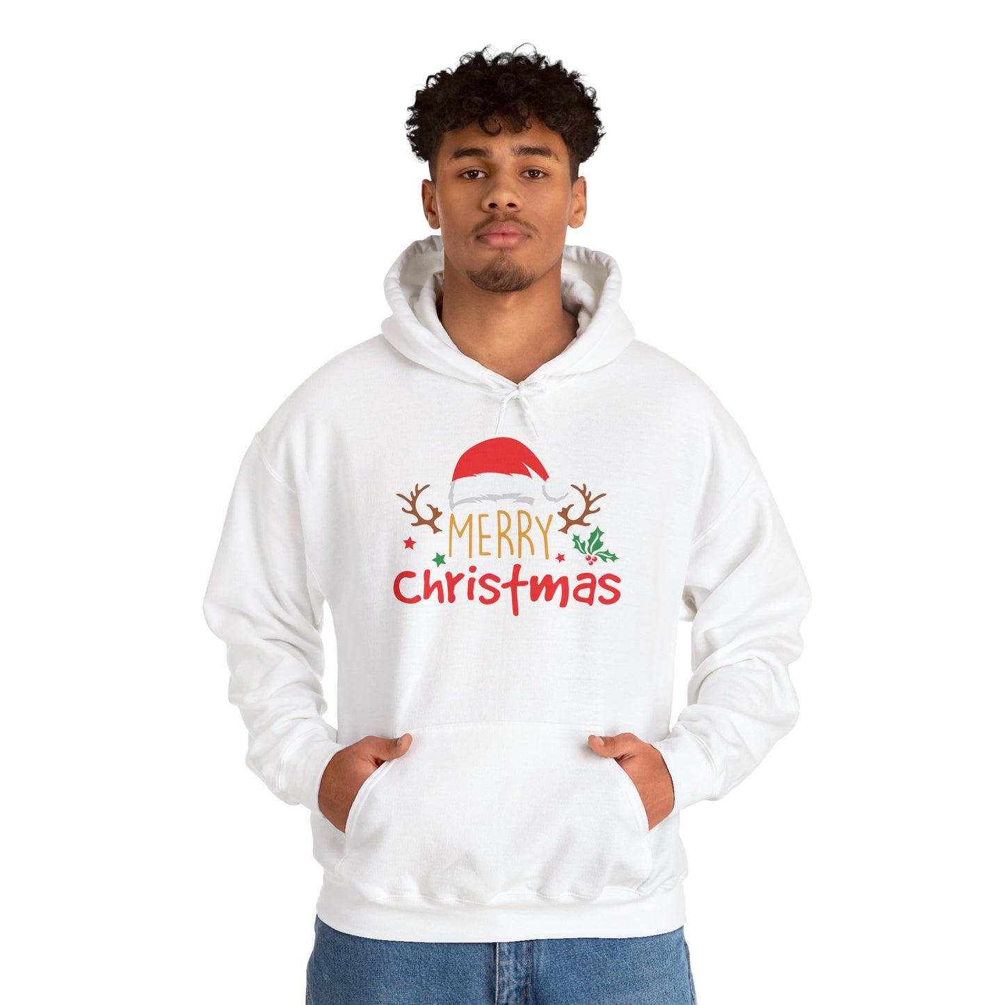 Merry Christmas Reindeer Hoodie – Santa Hat Holiday Unisex Sweatshirt, Festive Xmas Pullover