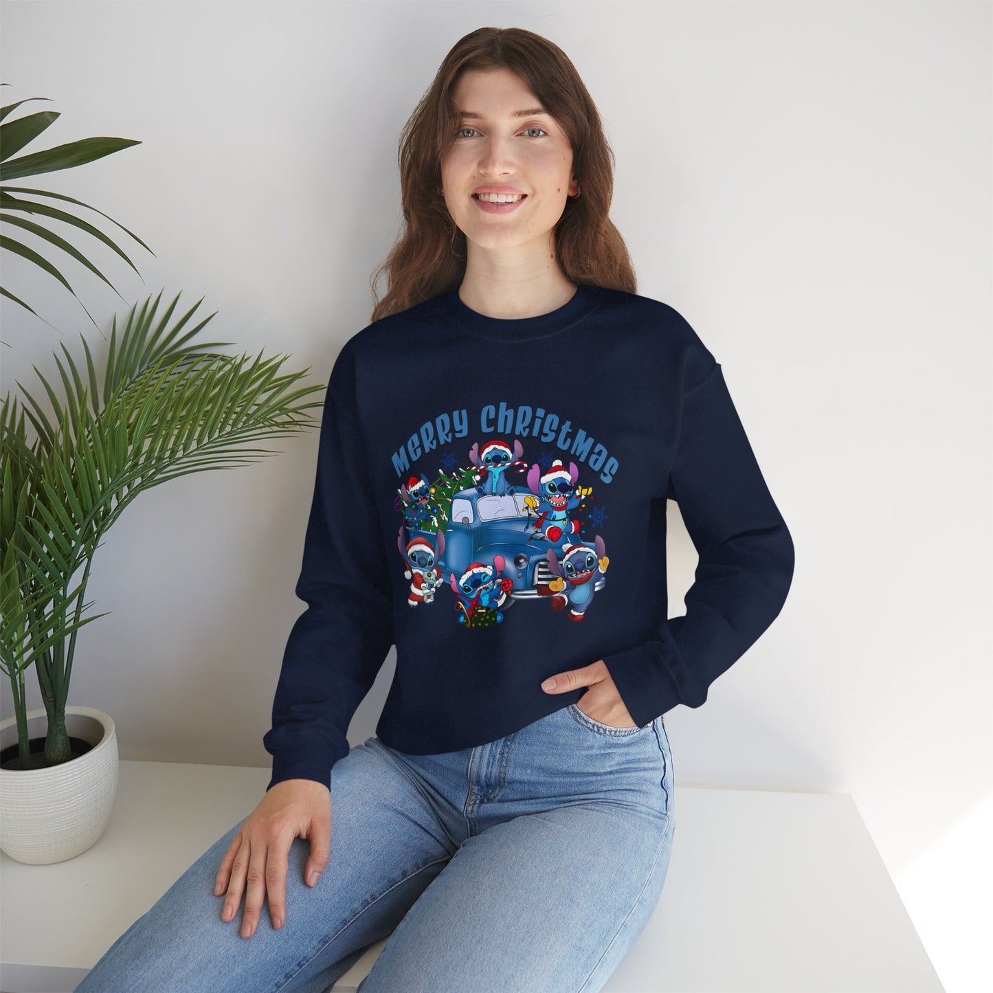 Merry Christmas Unisex Heavy Blend Crewneck Sweatshirt – Blue Christmas Truck & Cute Holiday Characters Sweater