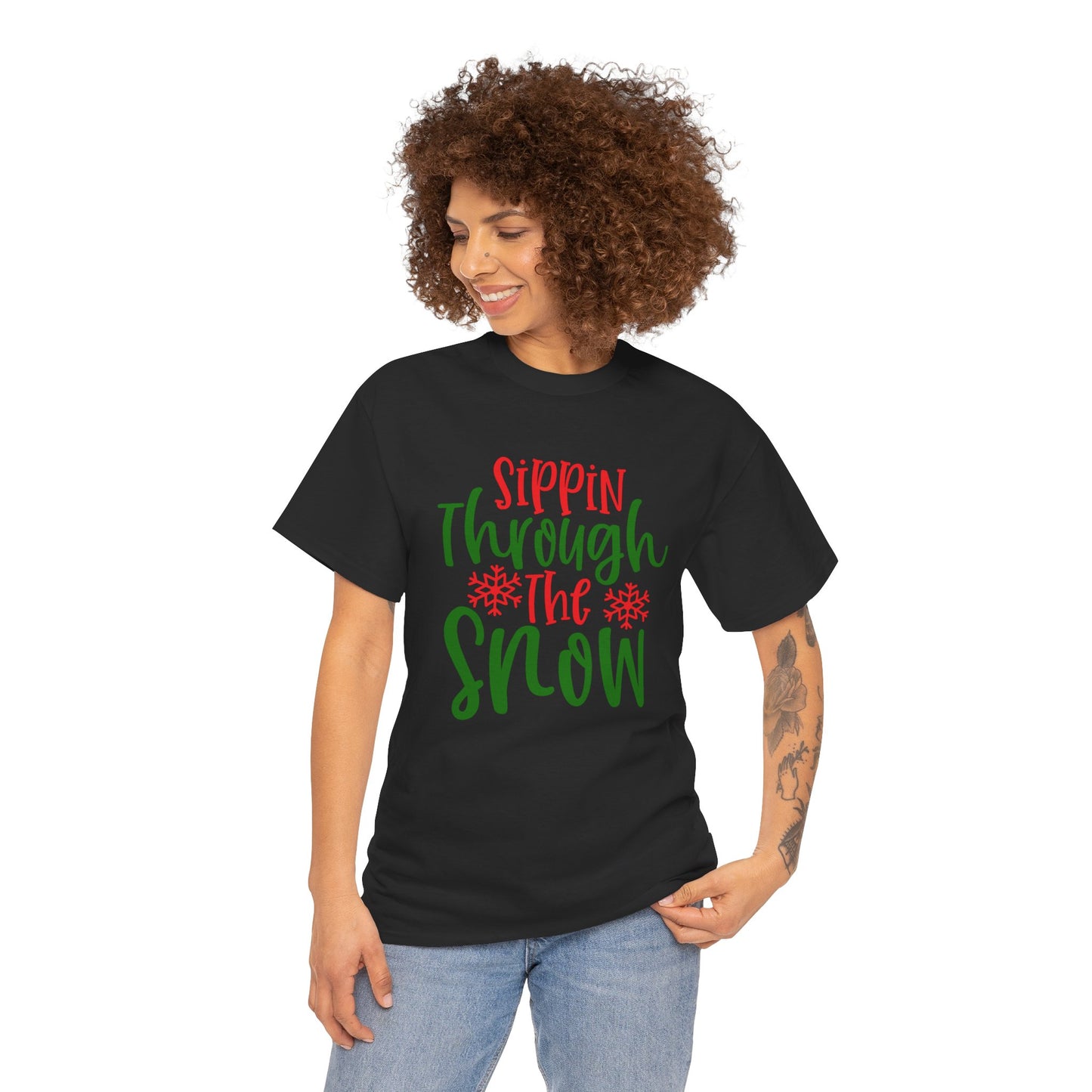Sippin’ Through The Snow T-Shirt – Festive Holiday Beverage Unisex Heavy Cotton Tee