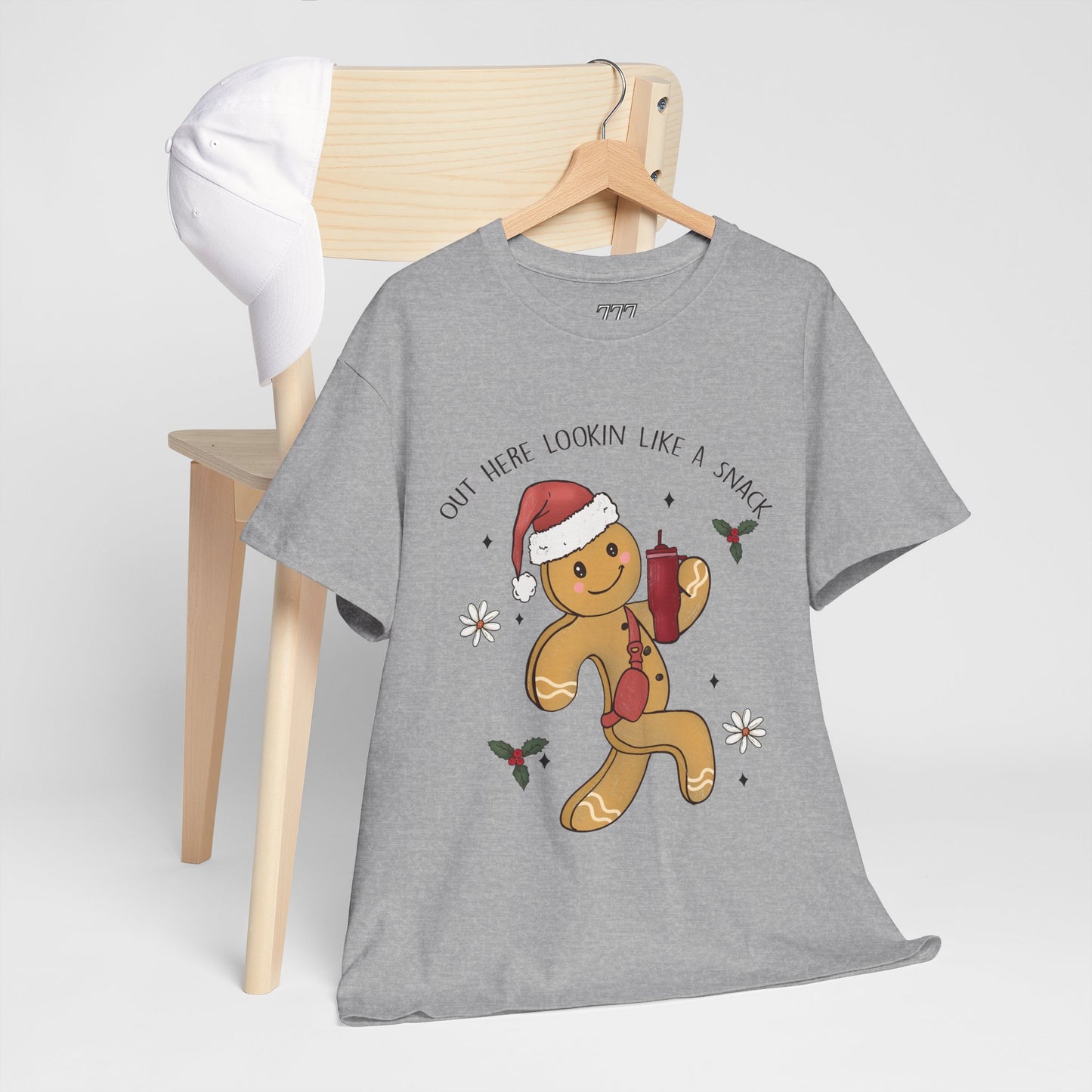 Out Here Looking Like a Snack Gingerbread Funny Christmas Holiday Tee – Cute Santa Hat Festive Unisex Heavy Cotton T-Shirt