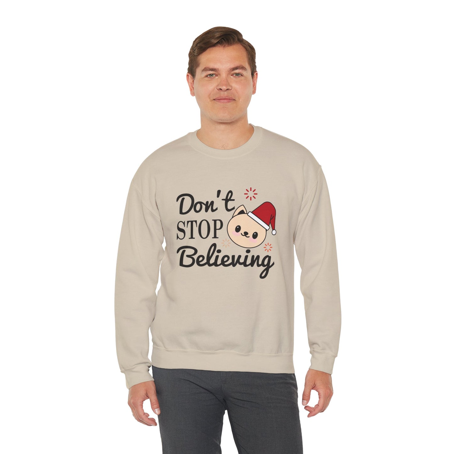Don’t Stop Believing Christmas Crewneck – Cute Santa Cat Holiday Sweatshirt (Unisex)