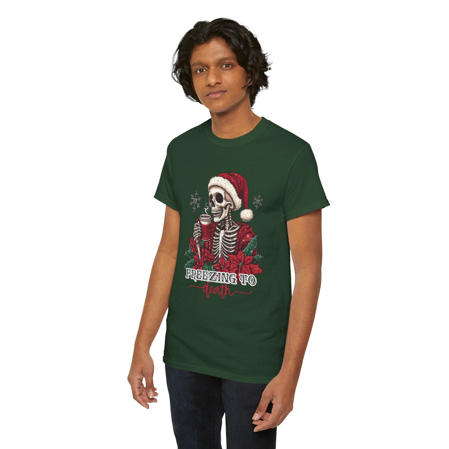 Freezing To Death Skeleton Christmas Tee – Funny Holiday Unisex Heavy Cotton T-Shirt, Winter Coffee Xmas Shirt