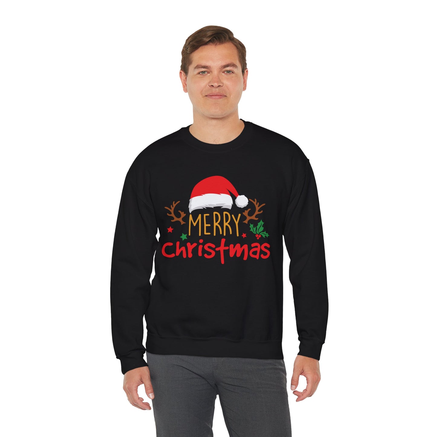 Merry Christmas Reindeer Crewneck – Santa Hat Holiday Unisex Sweatshirt, Festive Xmas Pullover