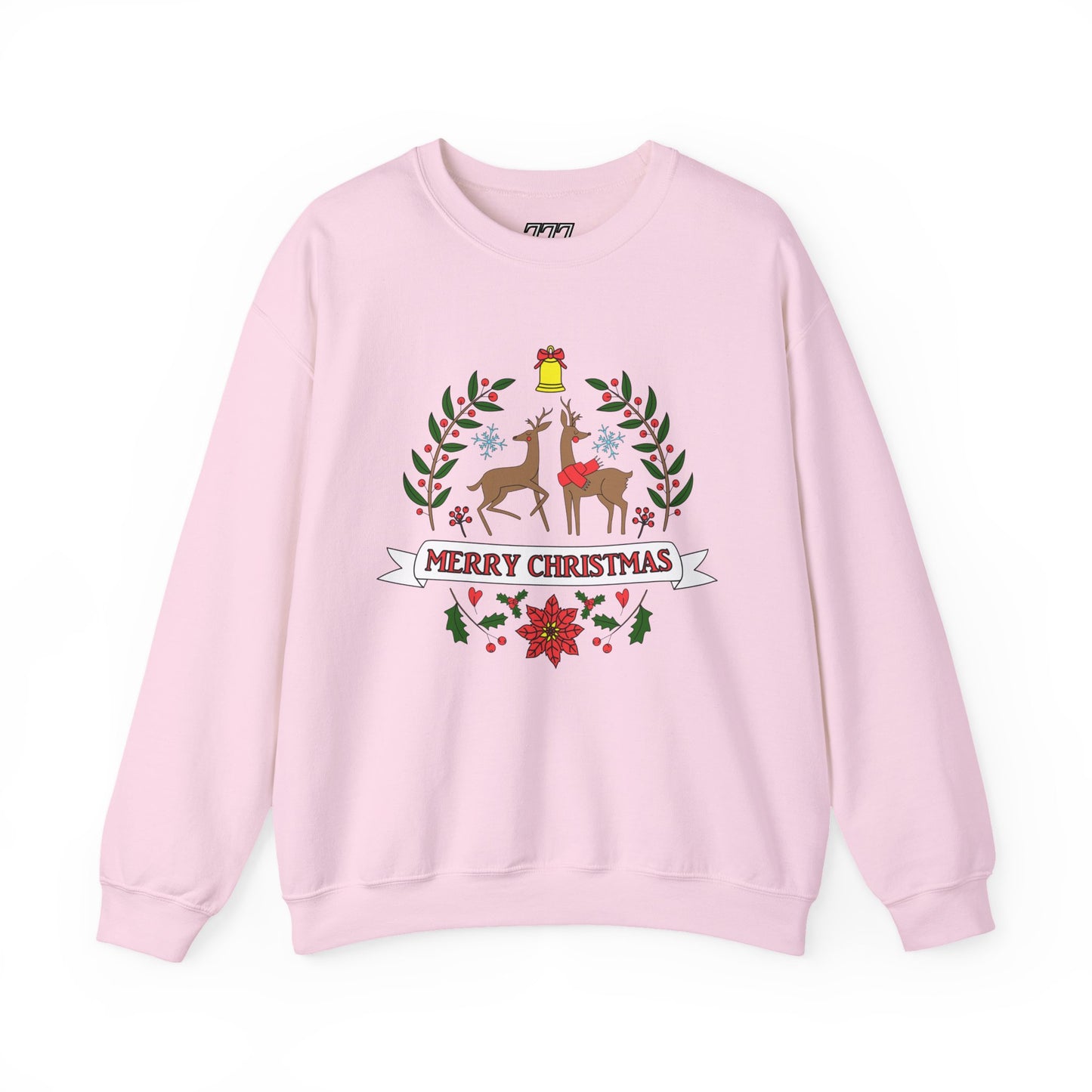 Merry Christmas Reindeer Crewneck – Classic Holiday Laurel & Poinsettia Sweatshirt (Unisex)