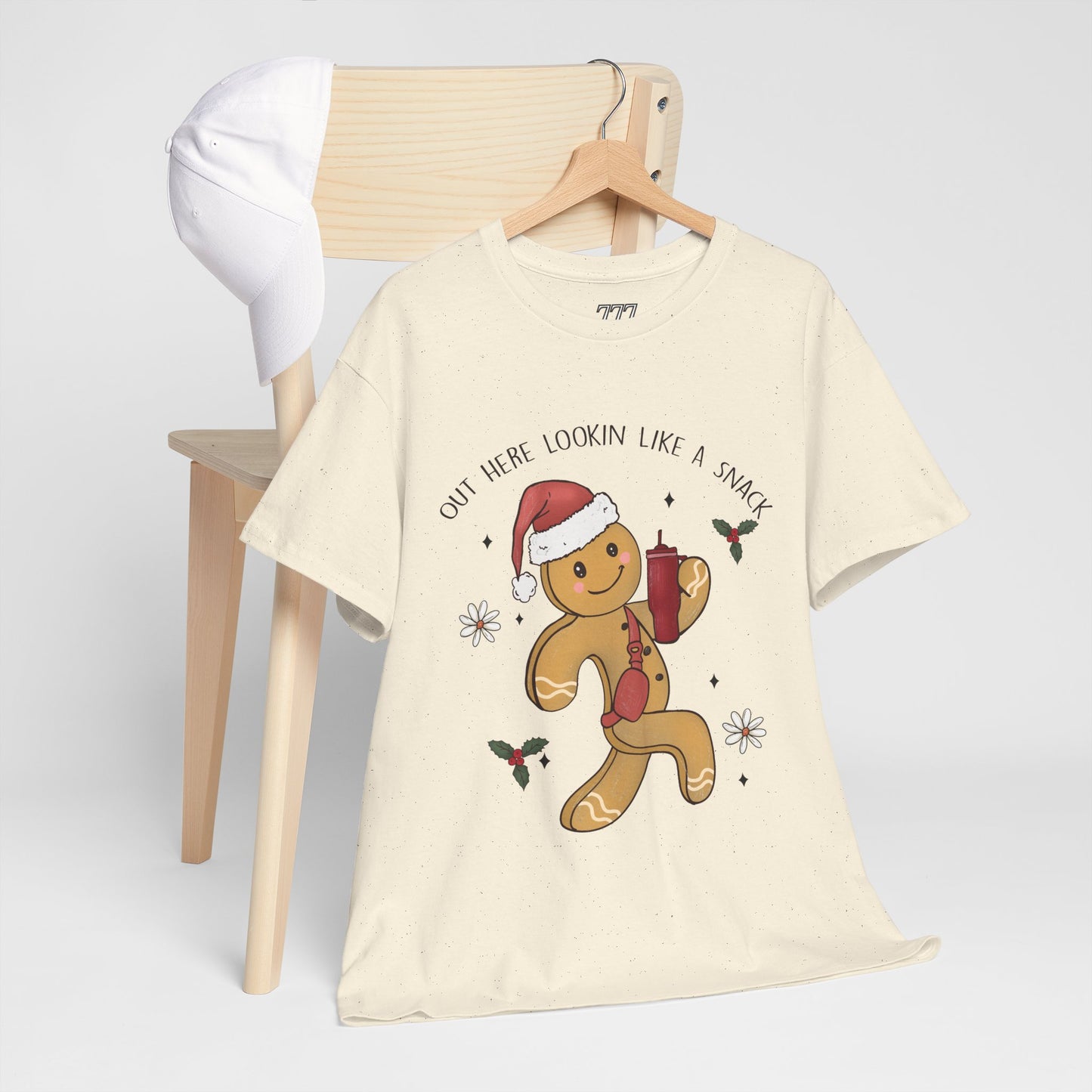 Out Here Looking Like a Snack Gingerbread Funny Christmas Holiday Tee – Cute Santa Hat Festive Unisex Heavy Cotton T-Shirt