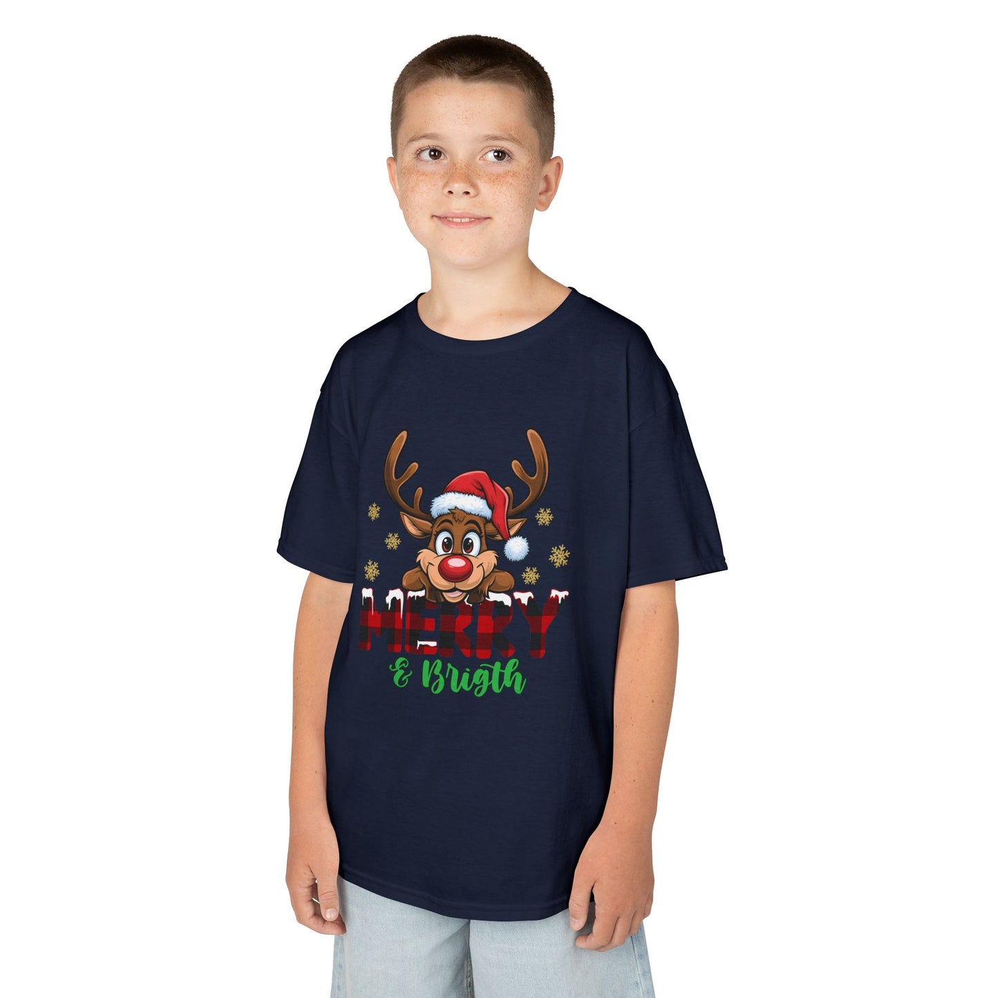 Merry & Bright Kids Christmas T-Shirt – Cute Reindeer Holiday Heavy Cotton Tee