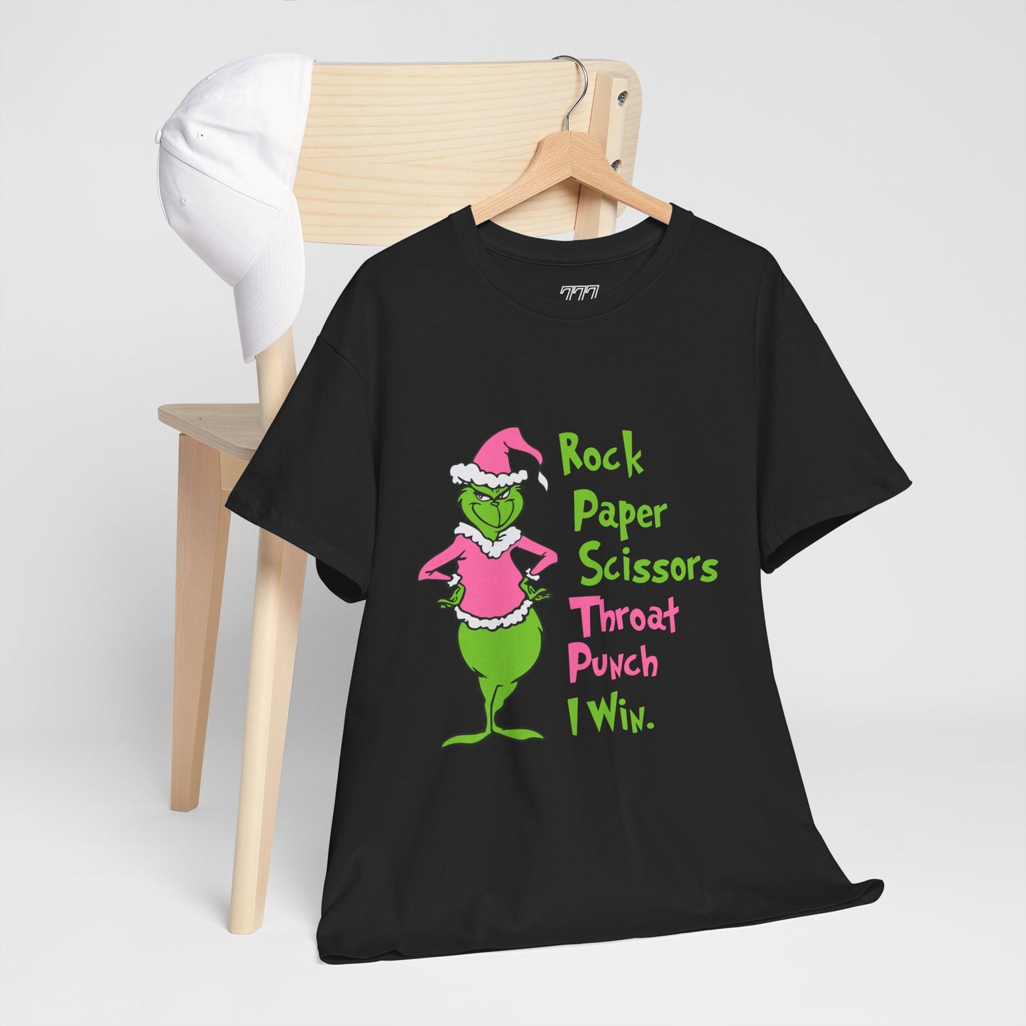 Rock Paper Scissors Throat Punch I Win Funny Christmas Grinch-Inspired Holiday Tee – Sarcastic Pink Santa Unisex Heavy Cotton T-Shirt