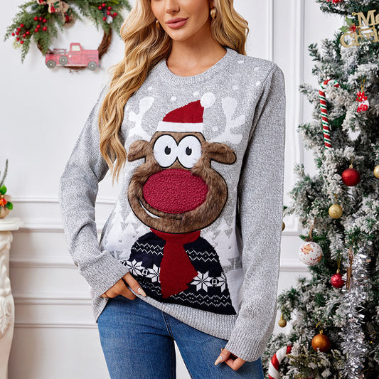 Women’s Loose Reindeer Christmas Sweater – Cute Holiday Pullover Knit Top