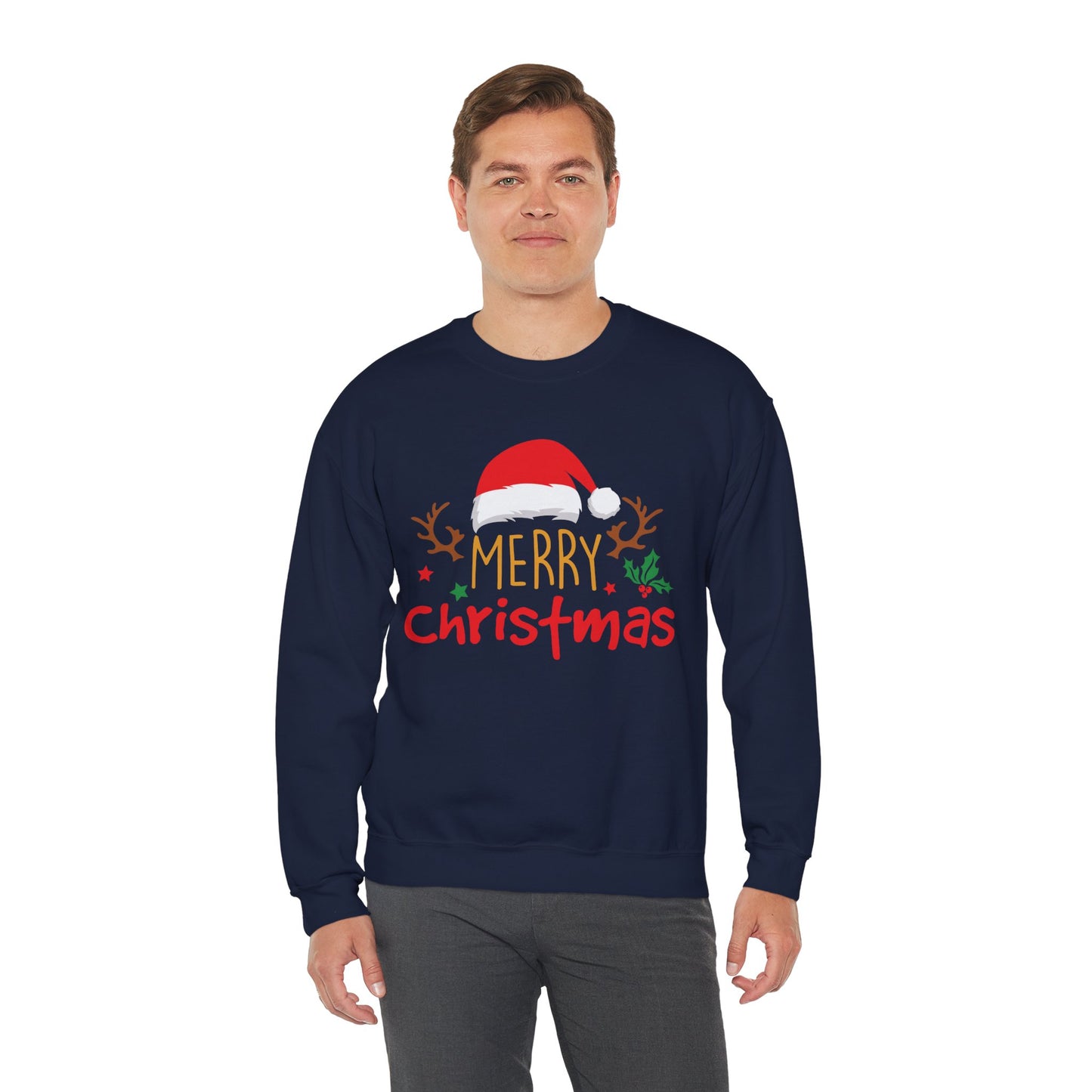 Merry Christmas Reindeer Crewneck – Santa Hat Holiday Unisex Sweatshirt, Festive Xmas Pullover