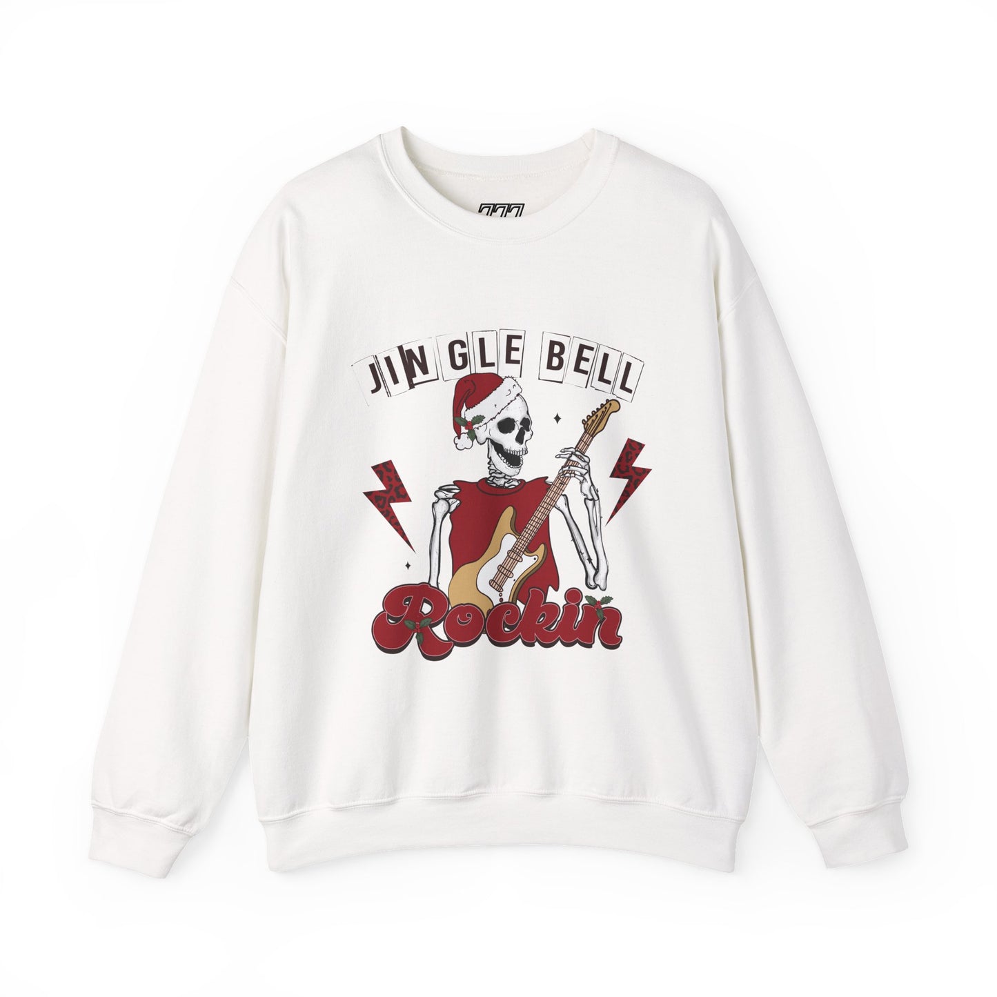 Jingle Bell Rockin’ Skeleton Christmas Rock Music Holiday Sweatshirt – Retro Guitar Santa Unisex Heavy Blend Crewneck
