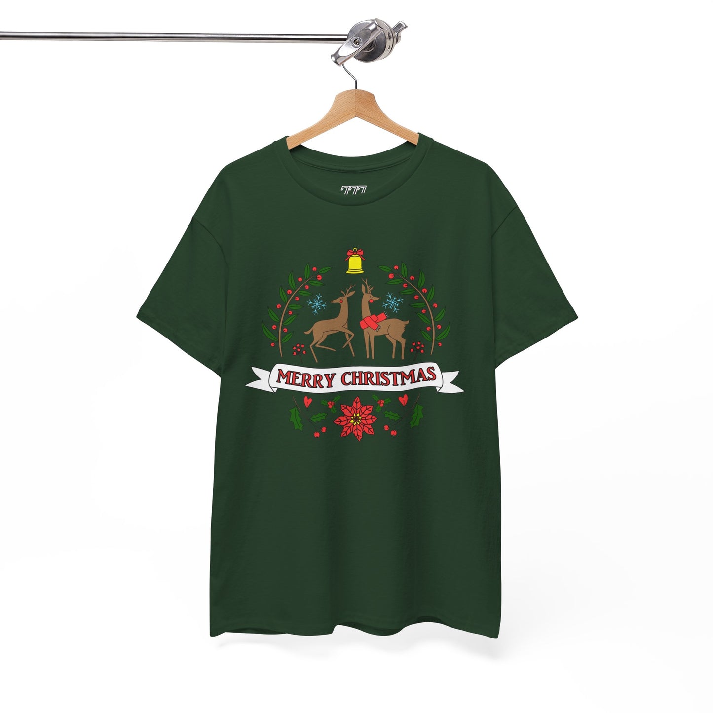 Merry Christmas Reindeer T-Shirt – Classic Holiday Laurel & Poinsettia Tee (Unisex)