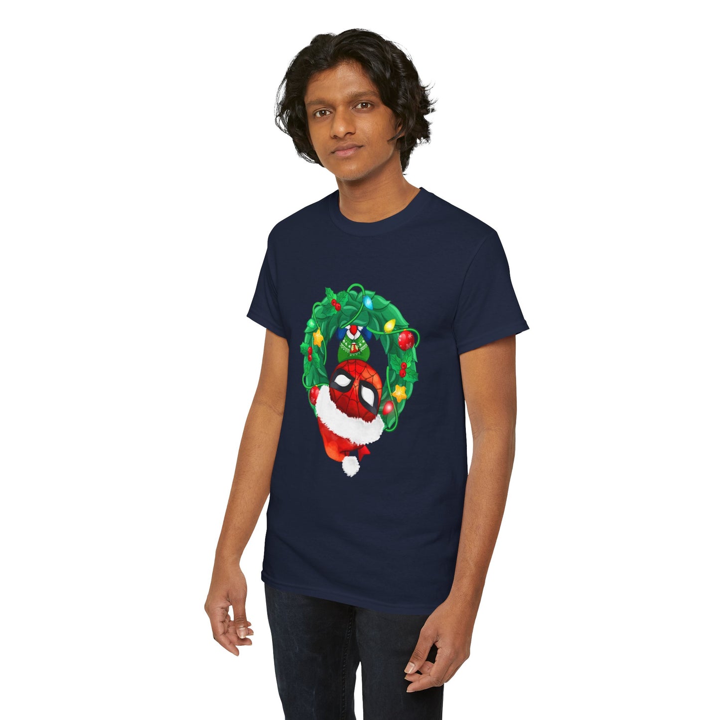 Spidey Wreath Christmas Tee – Superhero Holiday Lights Festive Unisex Heavy Cotton T-Shirt