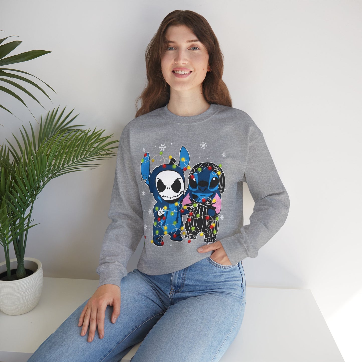 Cute Holiday Duo Christmas Unisex Heavy Blend Crewneck Sweatshirt – Cartoon Alien & Skeleton Festive Sweater