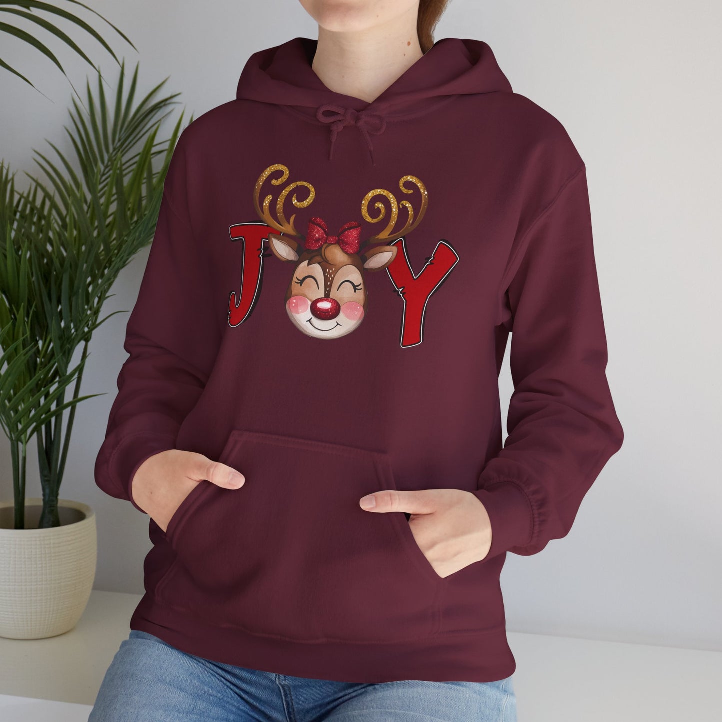 Reindeer Joy Women’s Christmas Hoodie – Cute Holiday Reindeer Heavy Blend Hooded Sweatshirt