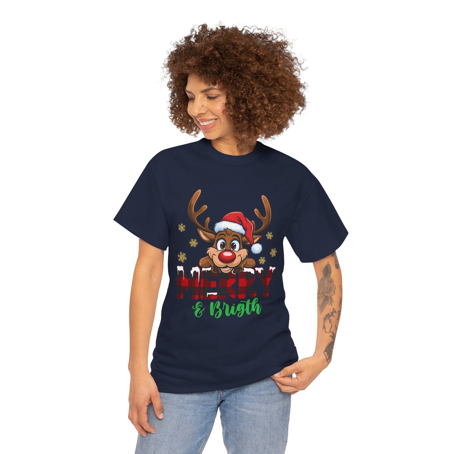 Merry & Bright Unisex Heavy Cotton T-Shirt – Cute Christmas Reindeer Holiday Tee