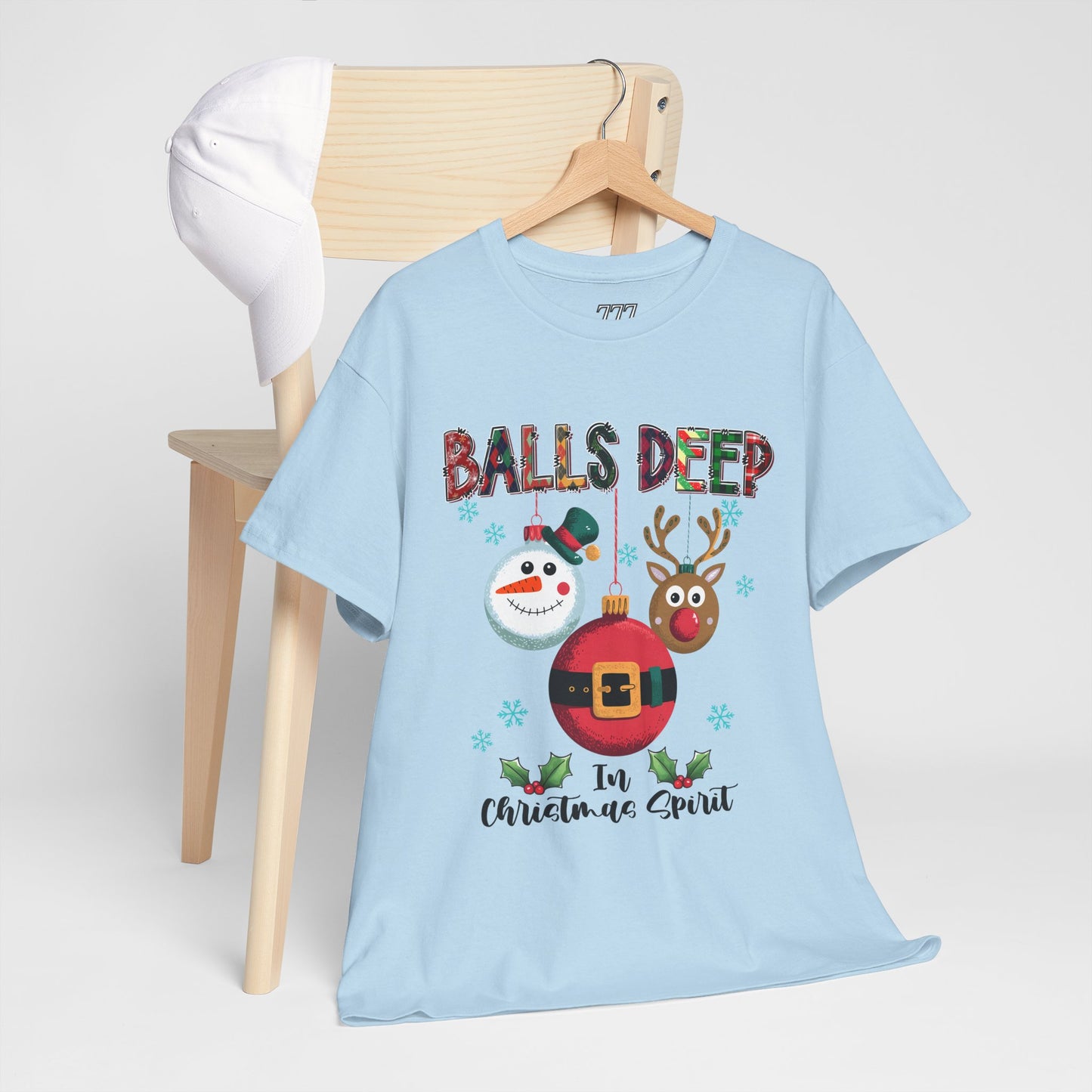 Balls Deep in Christmas Cheer Unisex Heavy Cotton T-Shirt – Funny Adult Holiday Snowman & Reindeer Tee