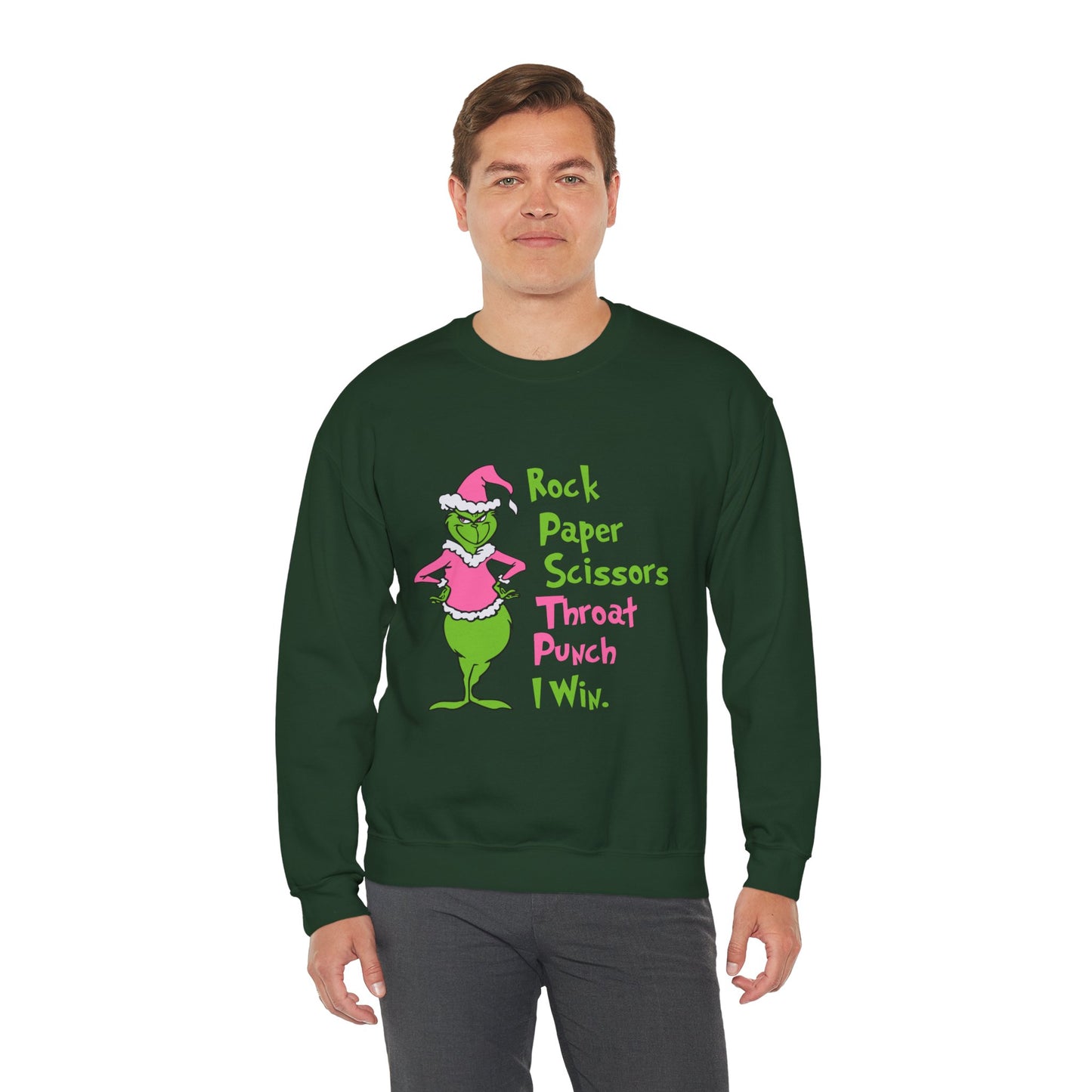 Rock Paper Scissors Throat Punch I Win Funny Christmas Grinch-Inspired Holiday Sweatshirt – Sarcastic Pink Santa Unisex Heavy Blend Crewneck