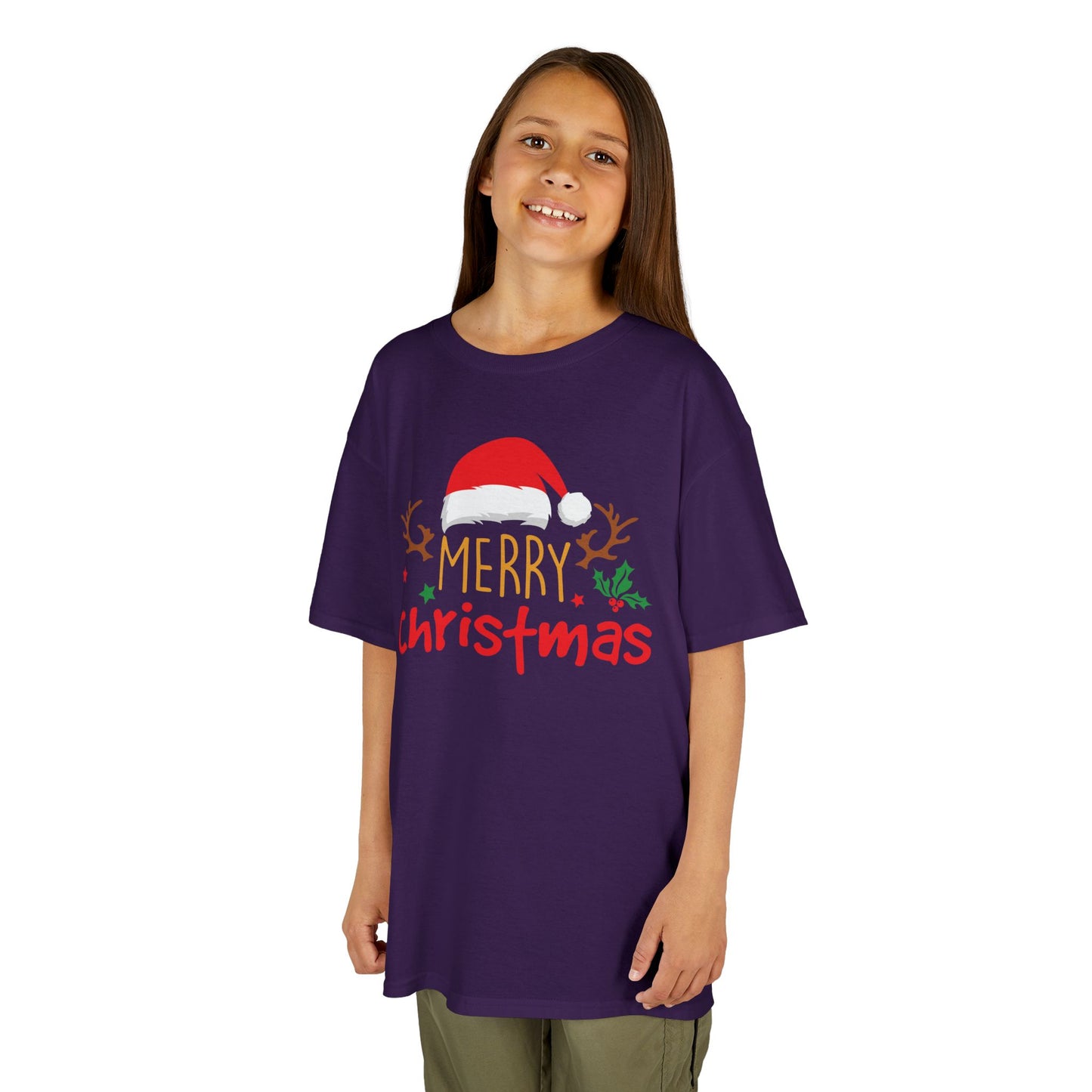 Merry Christmas Reindeer Kids T-Shirt – Cute Holiday Santa Hat Xmas Graphic Tee