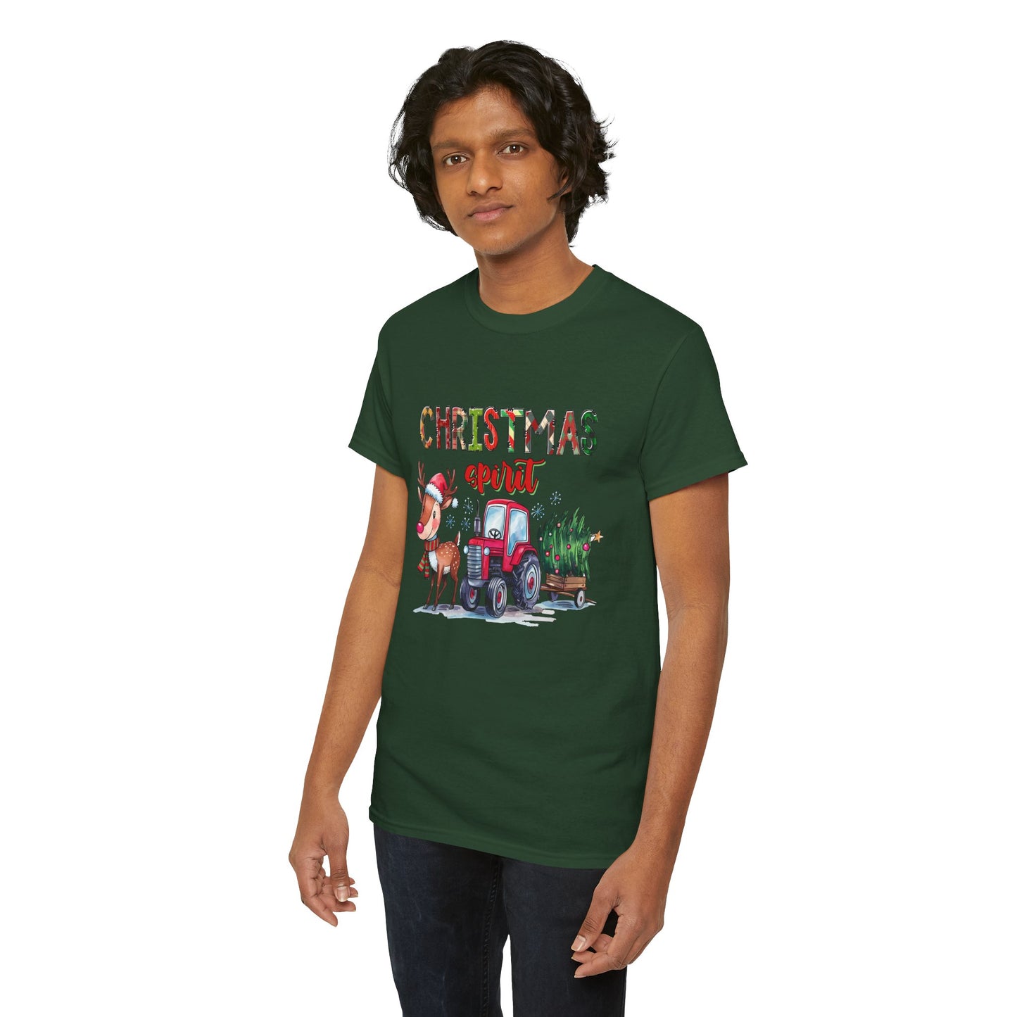 Christmas Spirit Unisex Heavy Cotton T-Shirt – Cute Reindeer & Red Tractor Holiday Tee