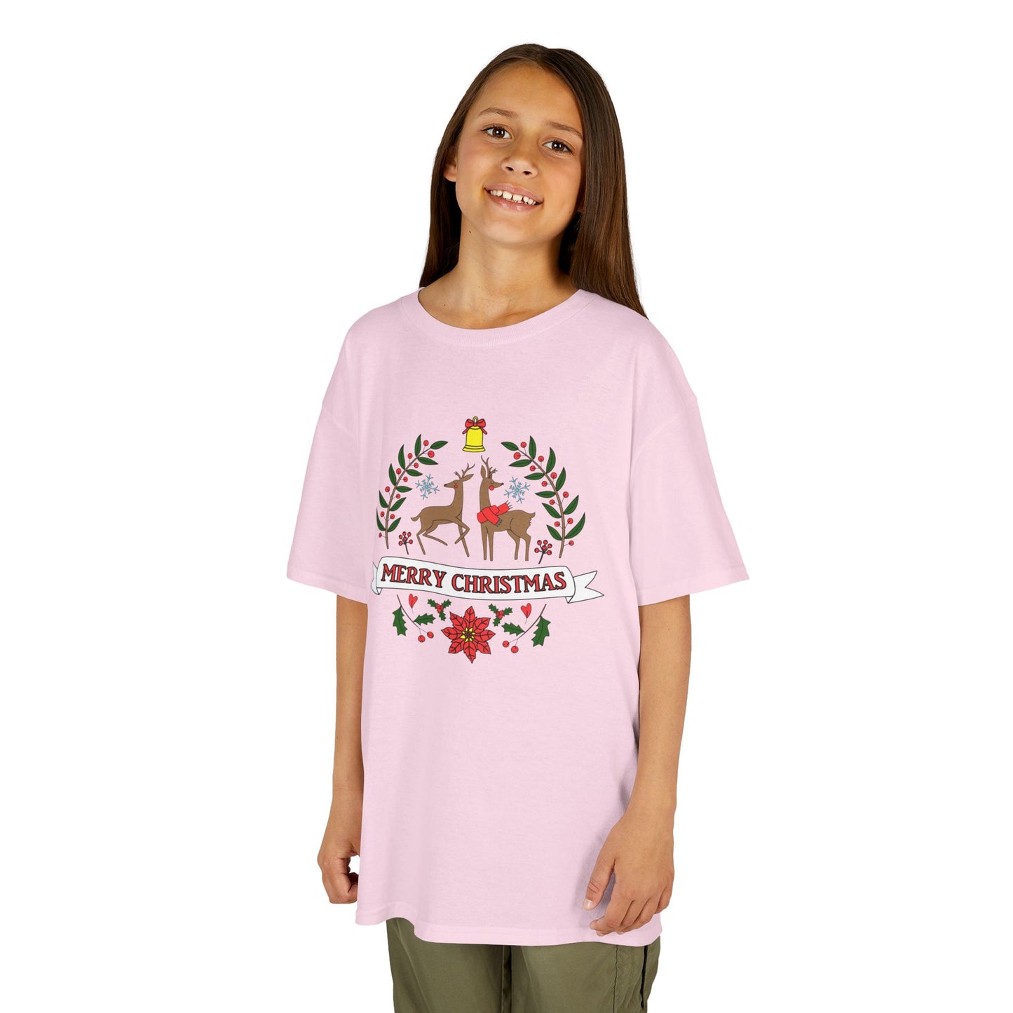 Merry Christmas Reindeer Kids T-Shirt – Cute Holiday Laurel & Poinsettia Tee