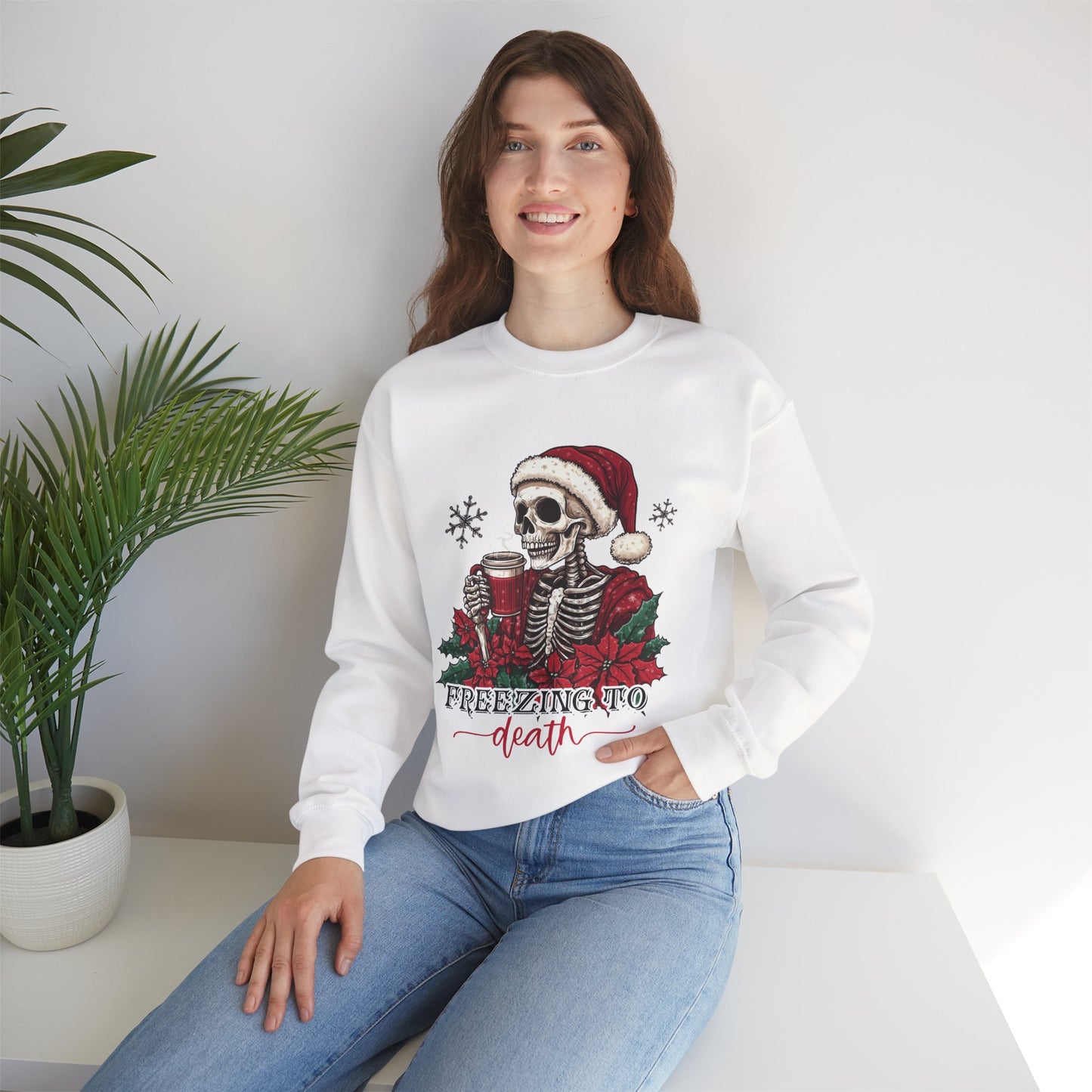 Freezing To Death Skeleton Christmas Crewneck – Funny Holiday Unisex Sweatshirt, Winter Coffee Xmas Pullover
