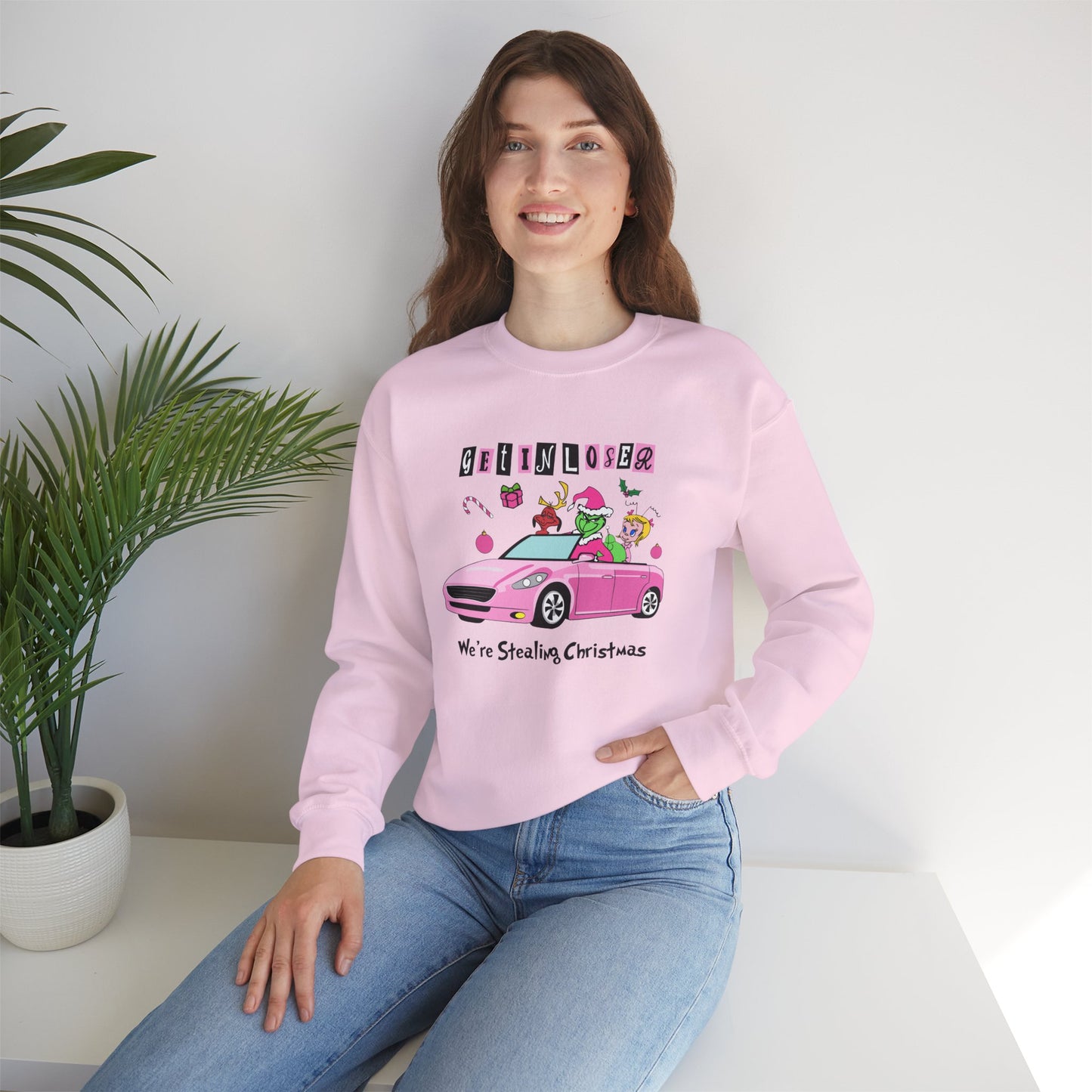 Get In Loser We’re Stealing Christmas Crewneck – Funny Green Holiday Creature Sweatshirt (Unisex)