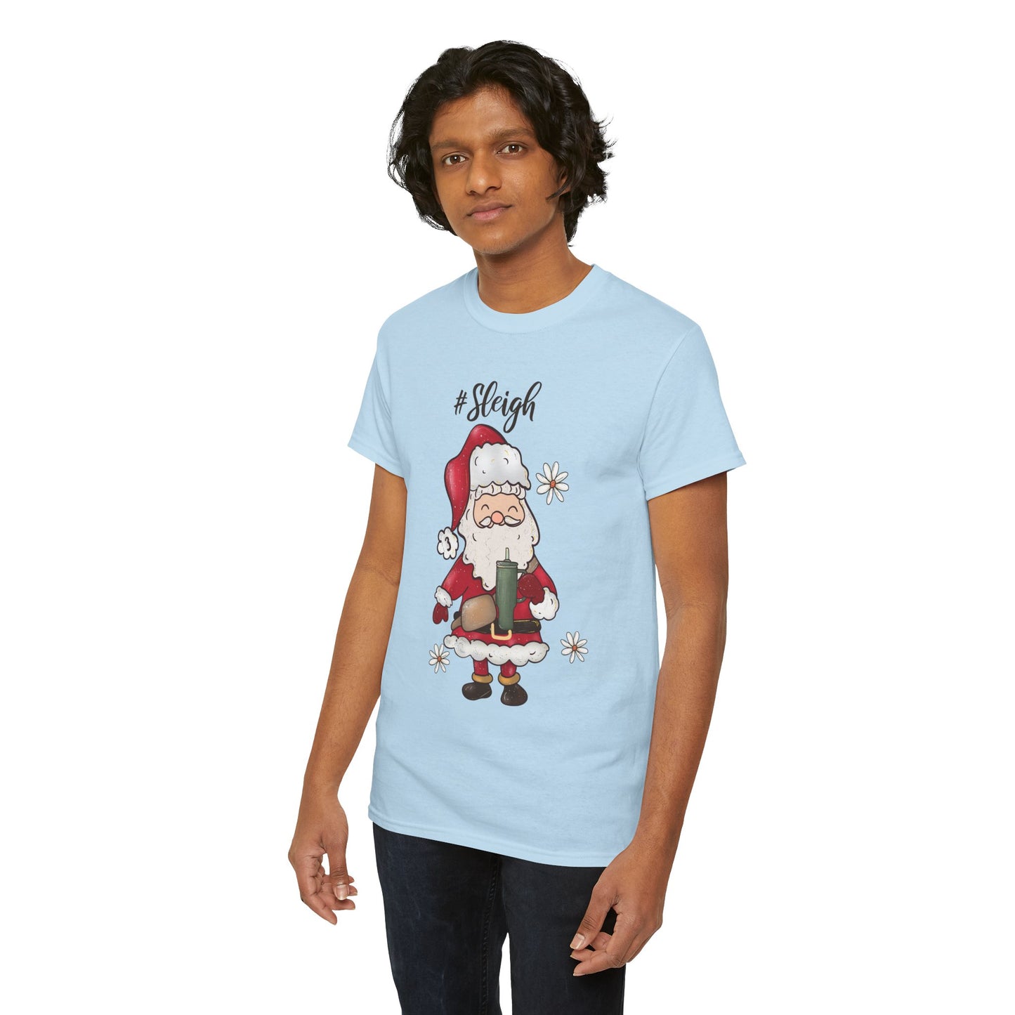 #Sleigh Funny Santa Christmas Tee – Cute Modern Holiday Hashtag Graphic Unisex Heavy Cotton T-Shirt