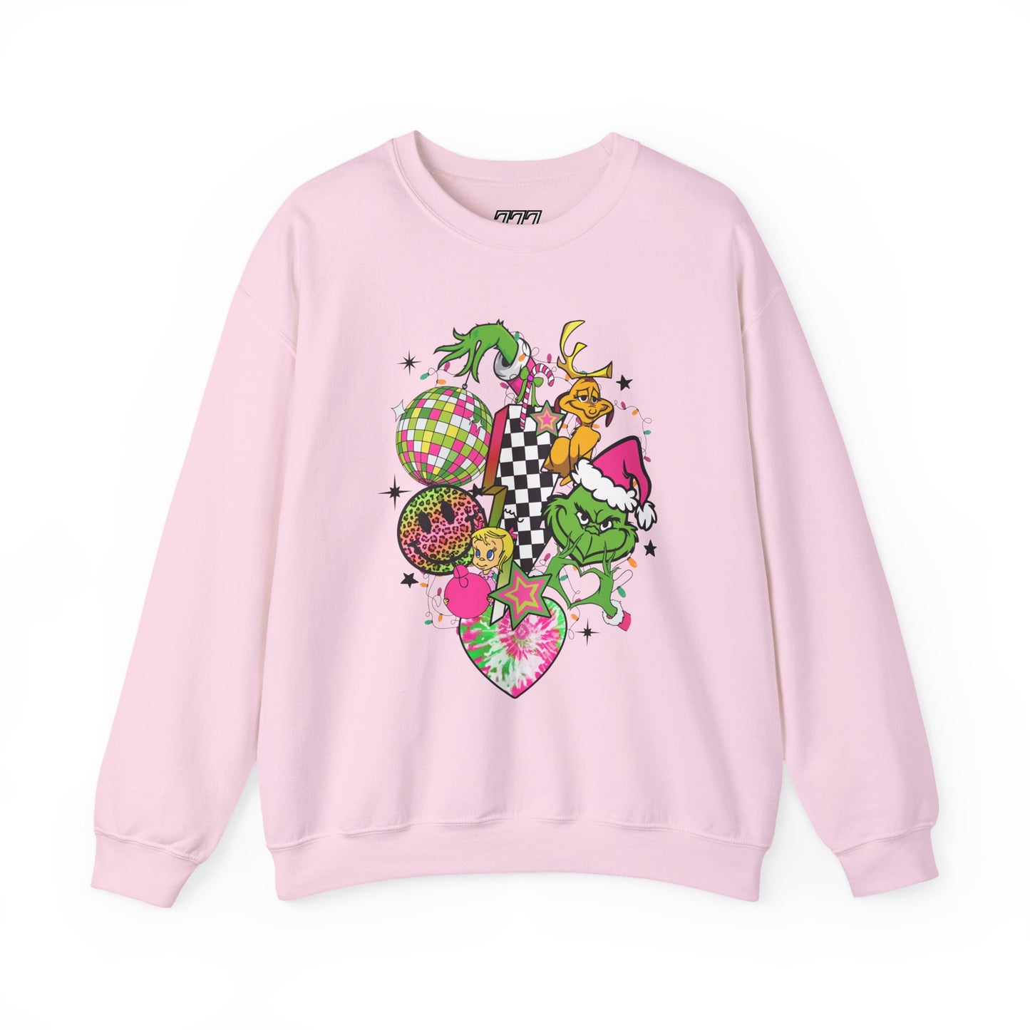 Grinchy Bells Christmas Crewneck – Neon Holiday Hearts & Grumpy Green Aesthetic Sweatshirt (Unisex)