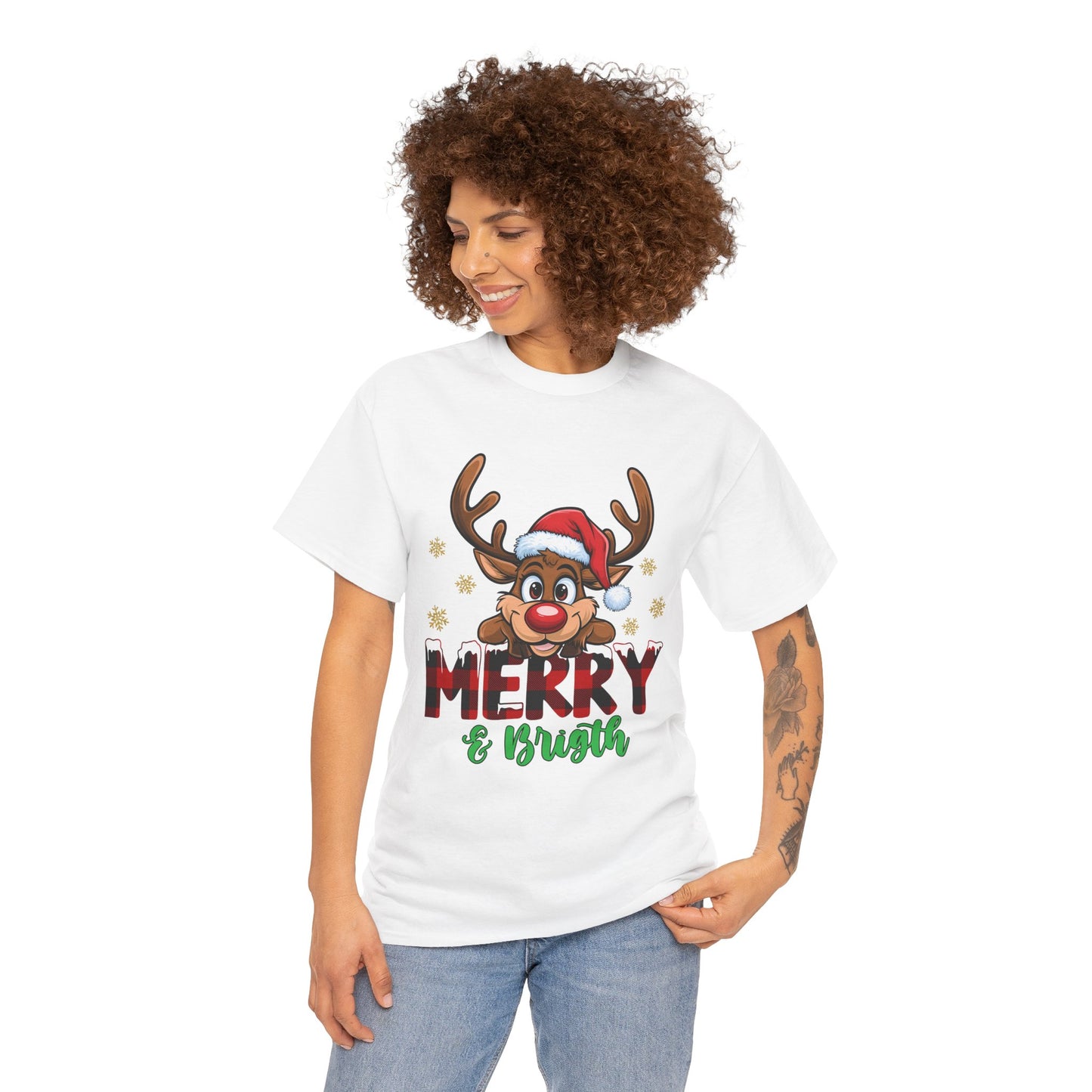 Merry & Bright Unisex Heavy Cotton T-Shirt – Cute Christmas Reindeer Holiday Tee