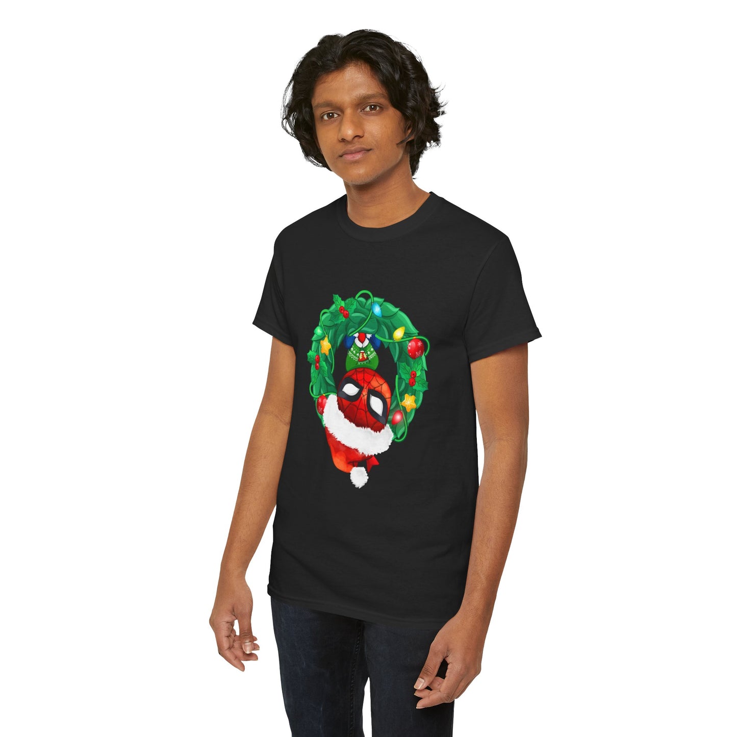 Spidey Wreath Christmas Tee – Superhero Holiday Lights Festive Unisex Heavy Cotton T-Shirt