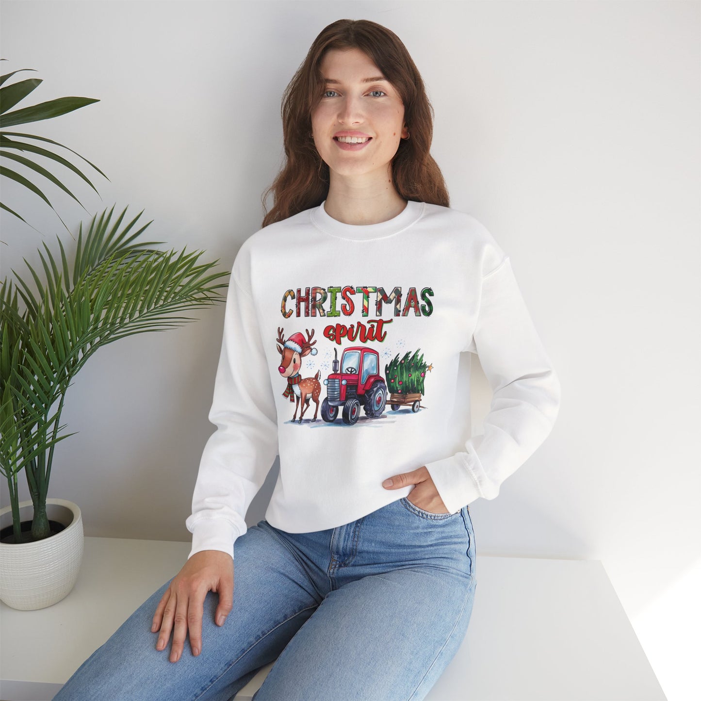 Christmas Spirit Unisex Heavy Blend Crewneck Sweatshirt – Cute Reindeer & Red Tractor Holiday Sweater