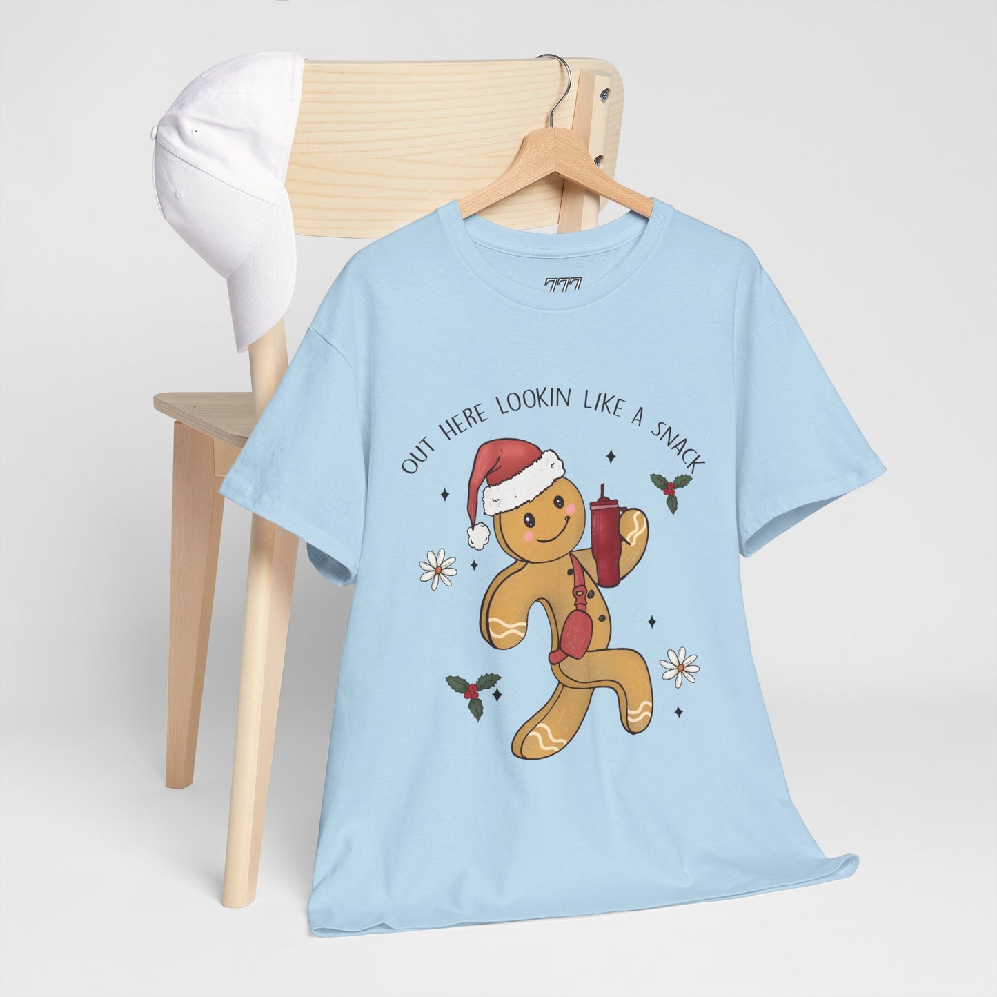 Out Here Looking Like a Snack Gingerbread Funny Christmas Holiday Tee – Cute Santa Hat Festive Unisex Heavy Cotton T-Shirt
