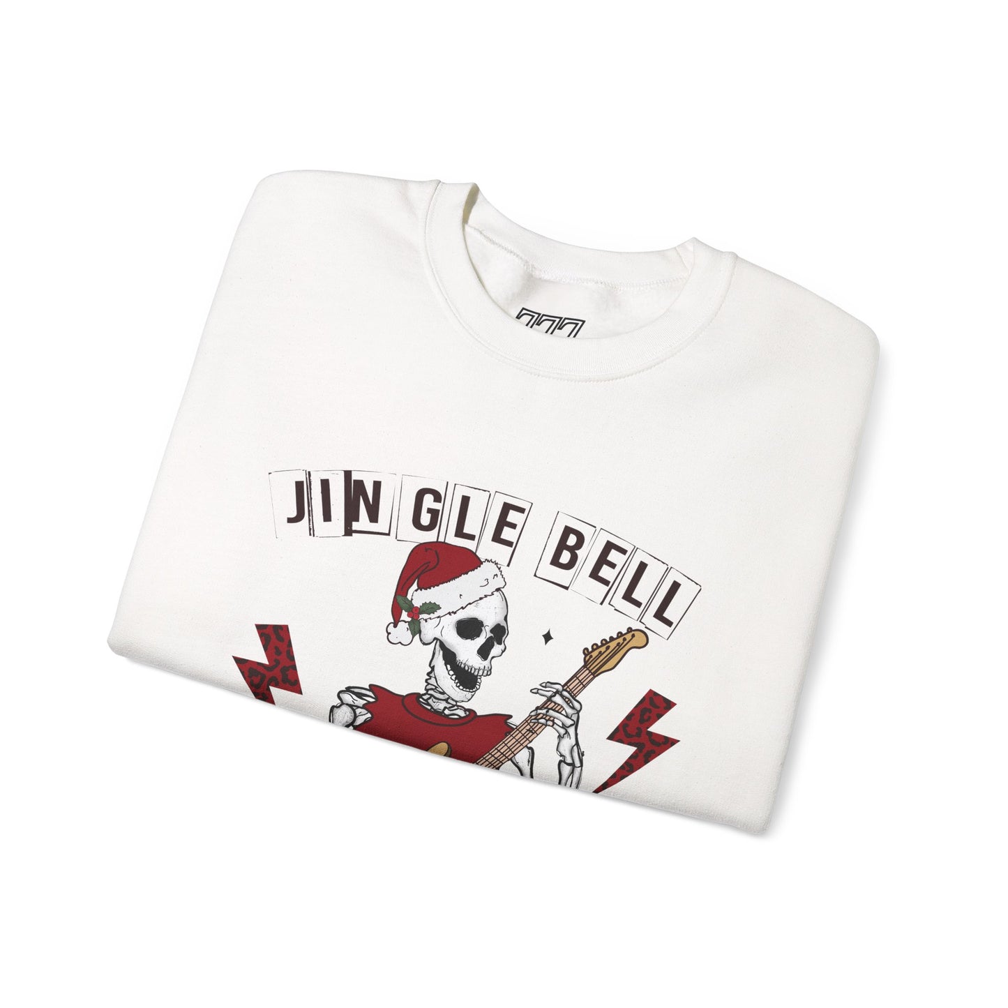 Jingle Bell Rockin’ Skeleton Christmas Rock Music Holiday Sweatshirt – Retro Guitar Santa Unisex Heavy Blend Crewneck