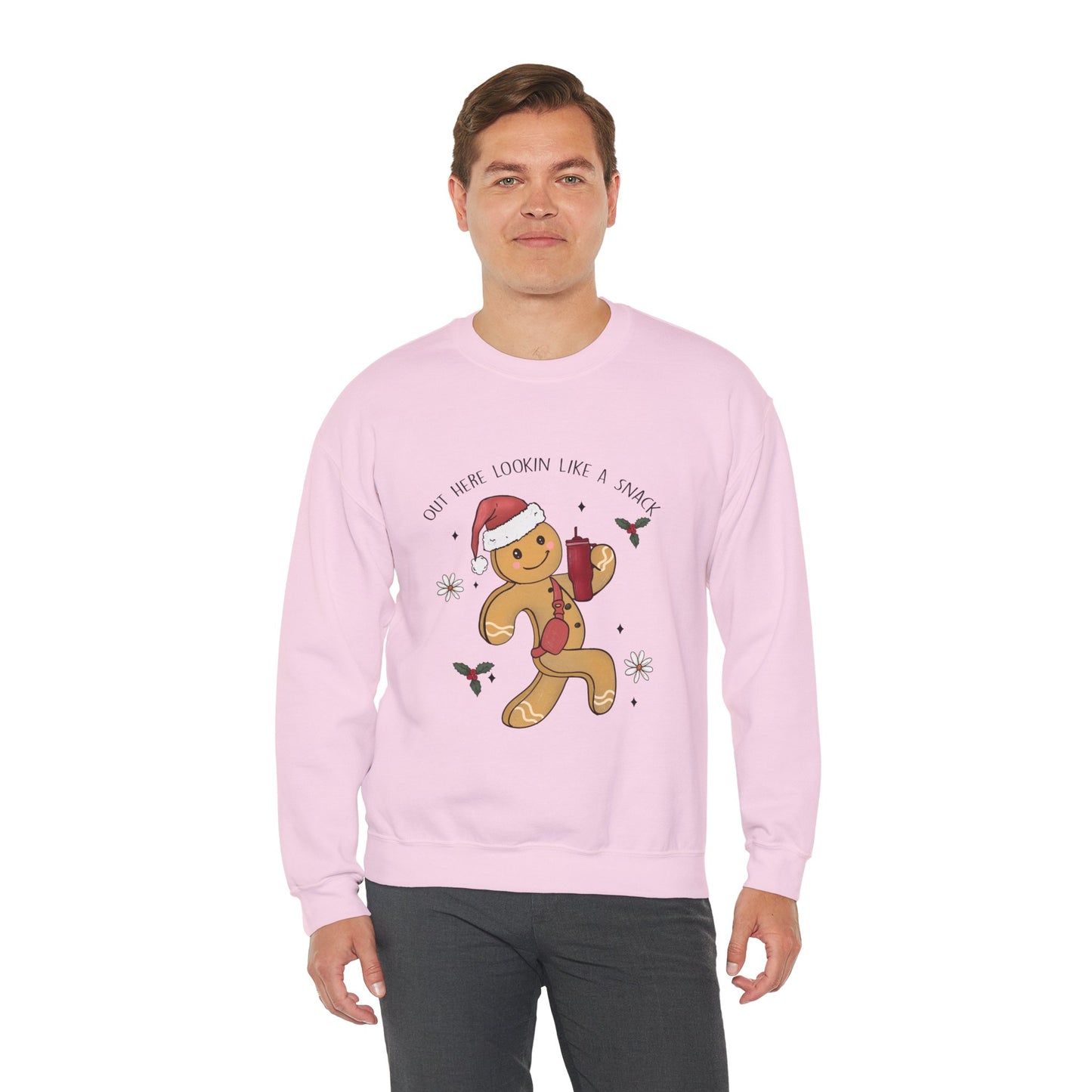 Out Here Looking Like a Snack Gingerbread Funny Christmas Holiday Sweatshirt – Cute Santa Hat Festive Unisex Heavy Blend Crewneck