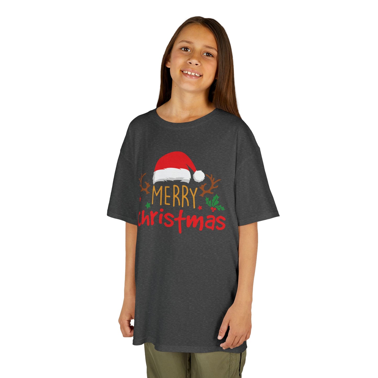 Merry Christmas Reindeer Kids T-Shirt – Cute Holiday Santa Hat Xmas Graphic Tee
