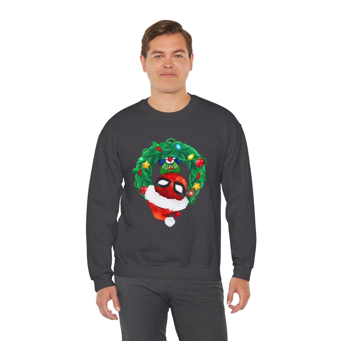 Spidey Wreath Christmas Sweatshirt – Superhero Holiday Lights Festive Unisex Heavy Blend Crewneck