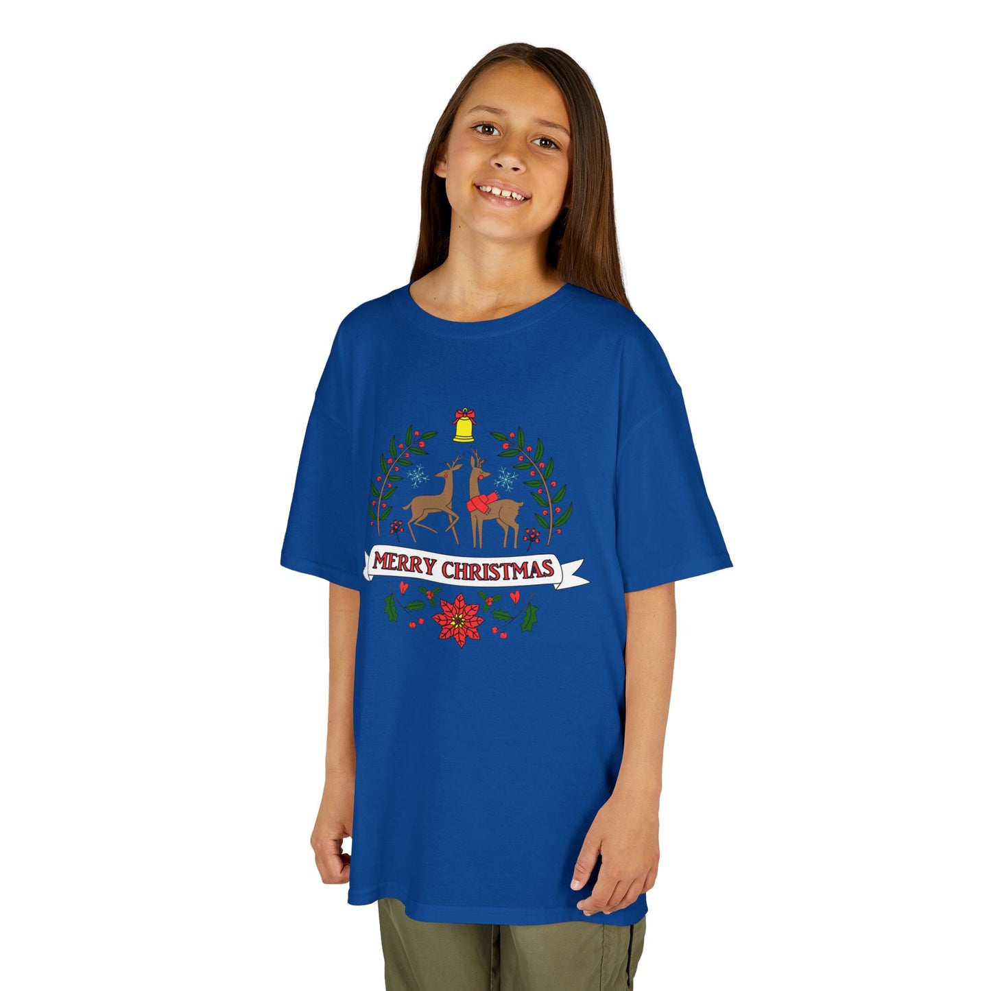 Merry Christmas Reindeer Kids T-Shirt – Cute Holiday Laurel & Poinsettia Tee