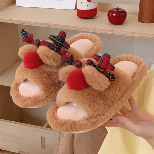 Fluffy Reindeer Christmas Slippers – Cozy Holiday Indoor House Shoes