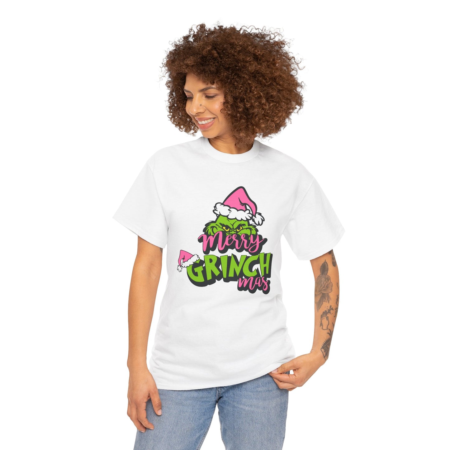 Merry Grinchmas Funny Christmas Grinch-Inspired Holiday Tee – Pink Santa Festive Unisex Heavy Cotton T-Shirt