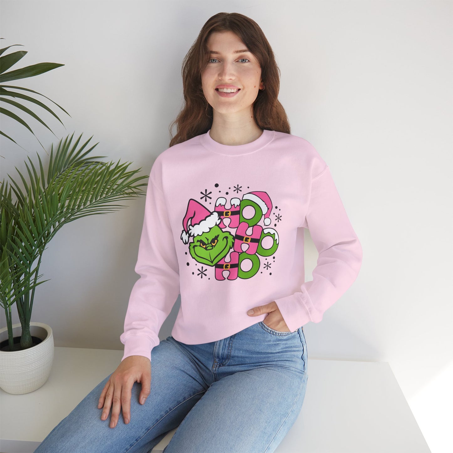 HO HO HO Funny Christmas Grinch-Inspired Holiday Sweatshirt – Cute Pink Santa Unisex Heavy Blend Crewneck