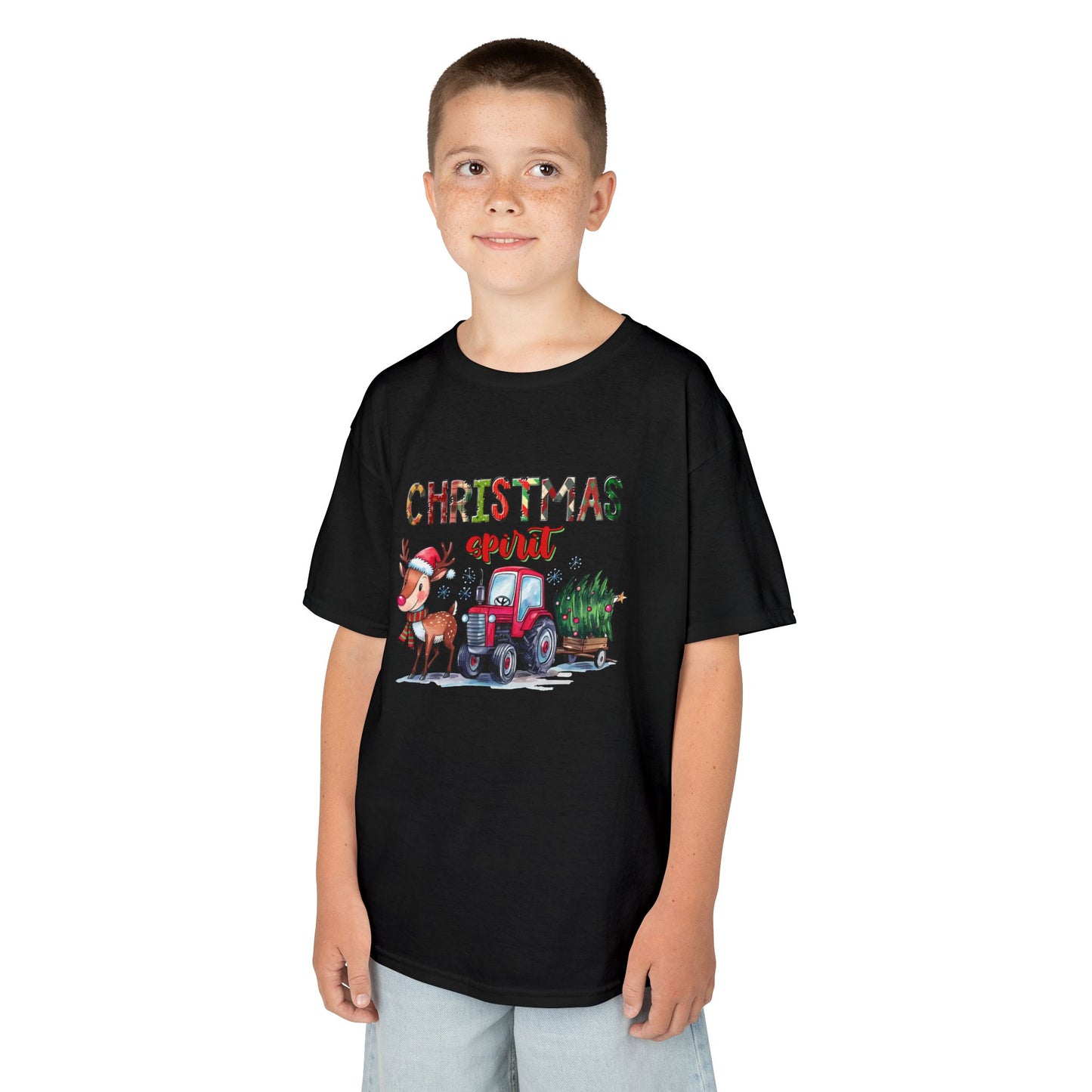 Christmas Spirit Kids T-Shirt – Cute Reindeer & Red Tractor Holiday Tee