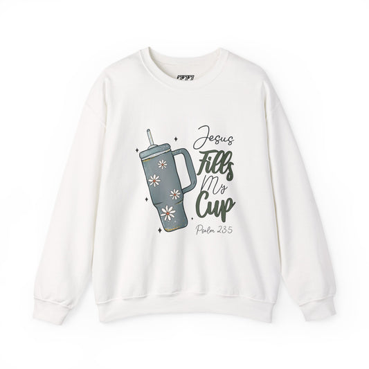 Jesus Fills My Cup Christian Sweatshirt – Faith Bible Verse Psalm 23:5 Inspirational Unisex Heavy Blend Crewneck